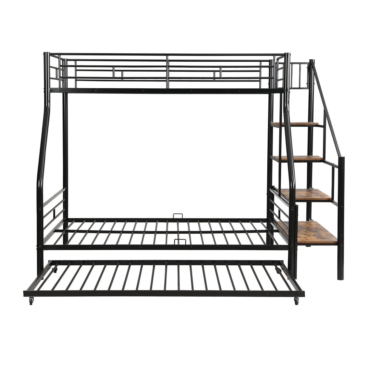 Black metal triple bunk bed with stairs and trundle