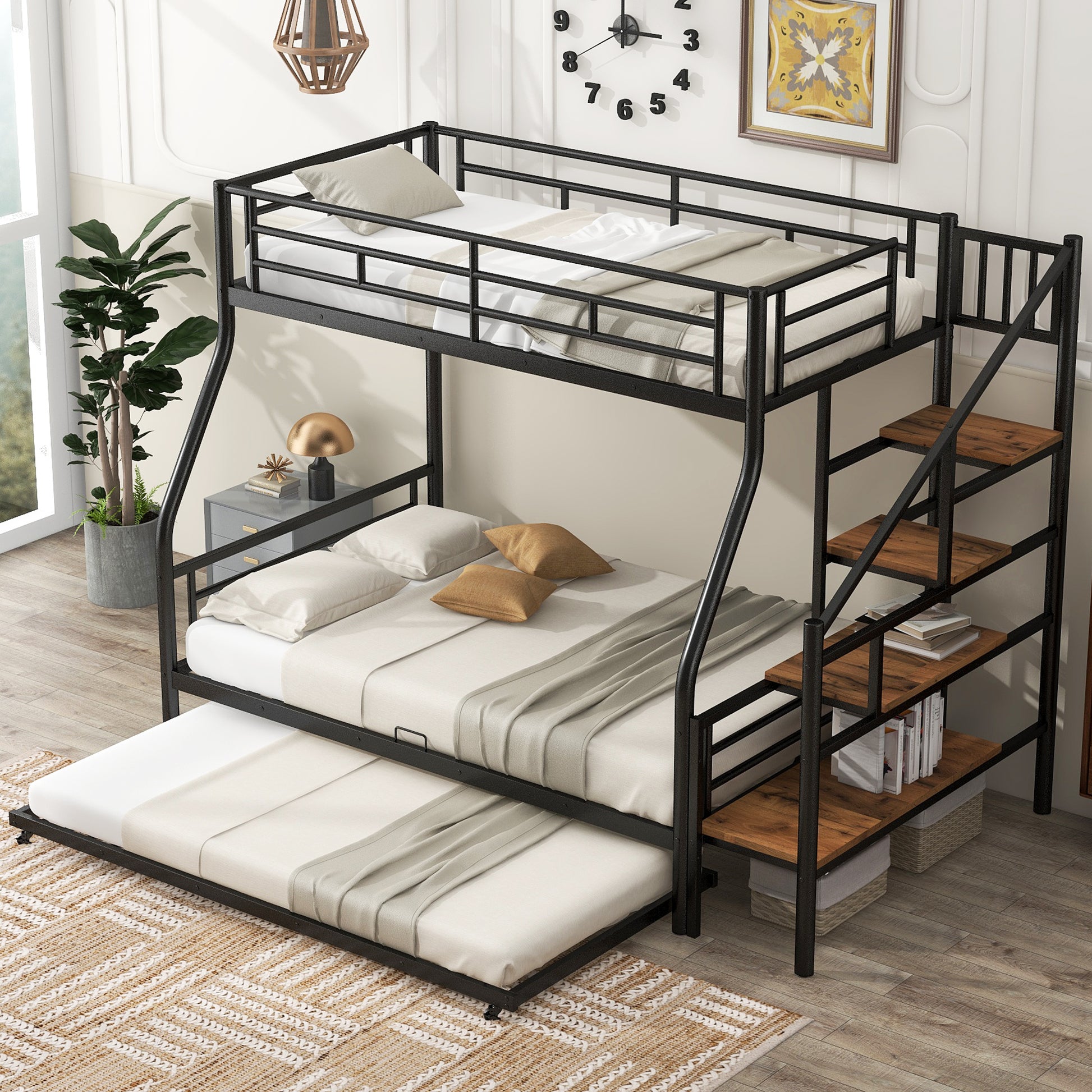 Black metal triple bunk bed with builtin ladder and wooden shelves