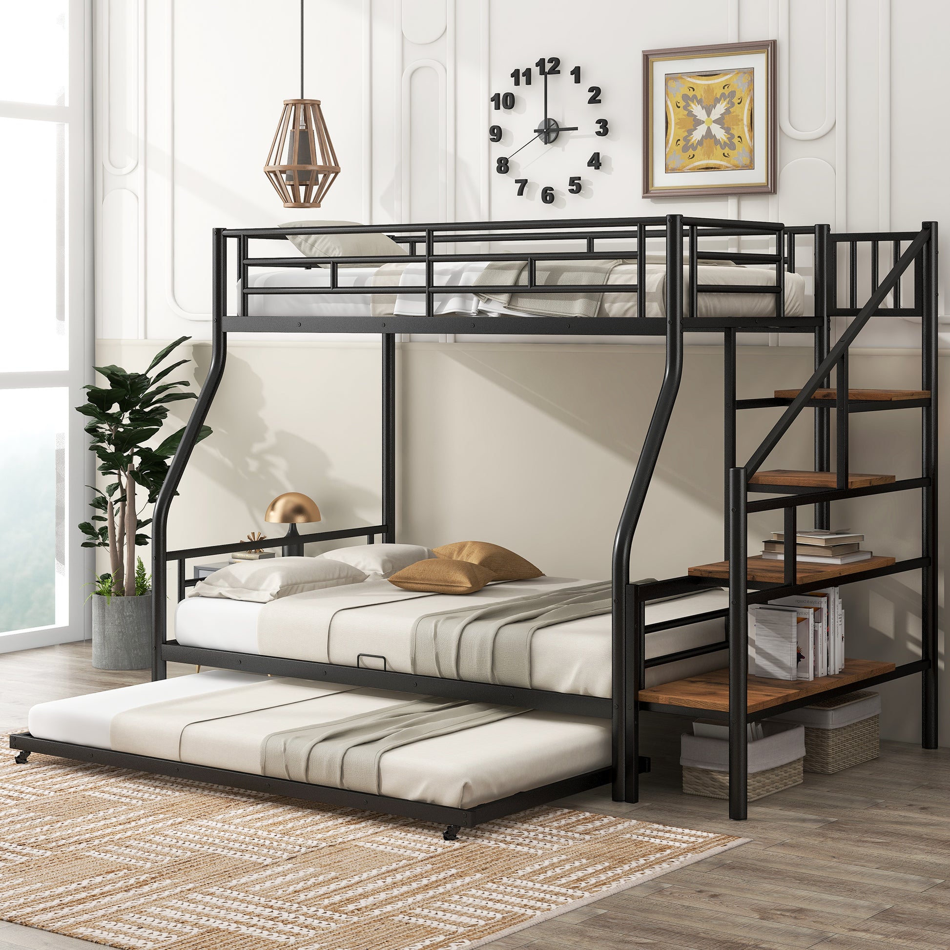 Black metal triple bunk bed with pullout trundle