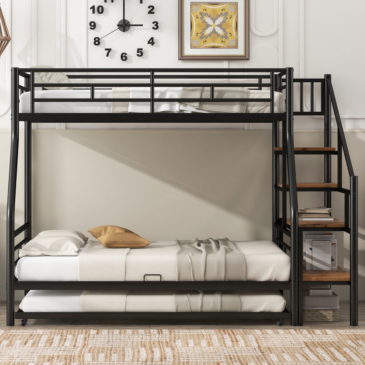 Black metal triple bunk bed with pullout trundle and wood shelves