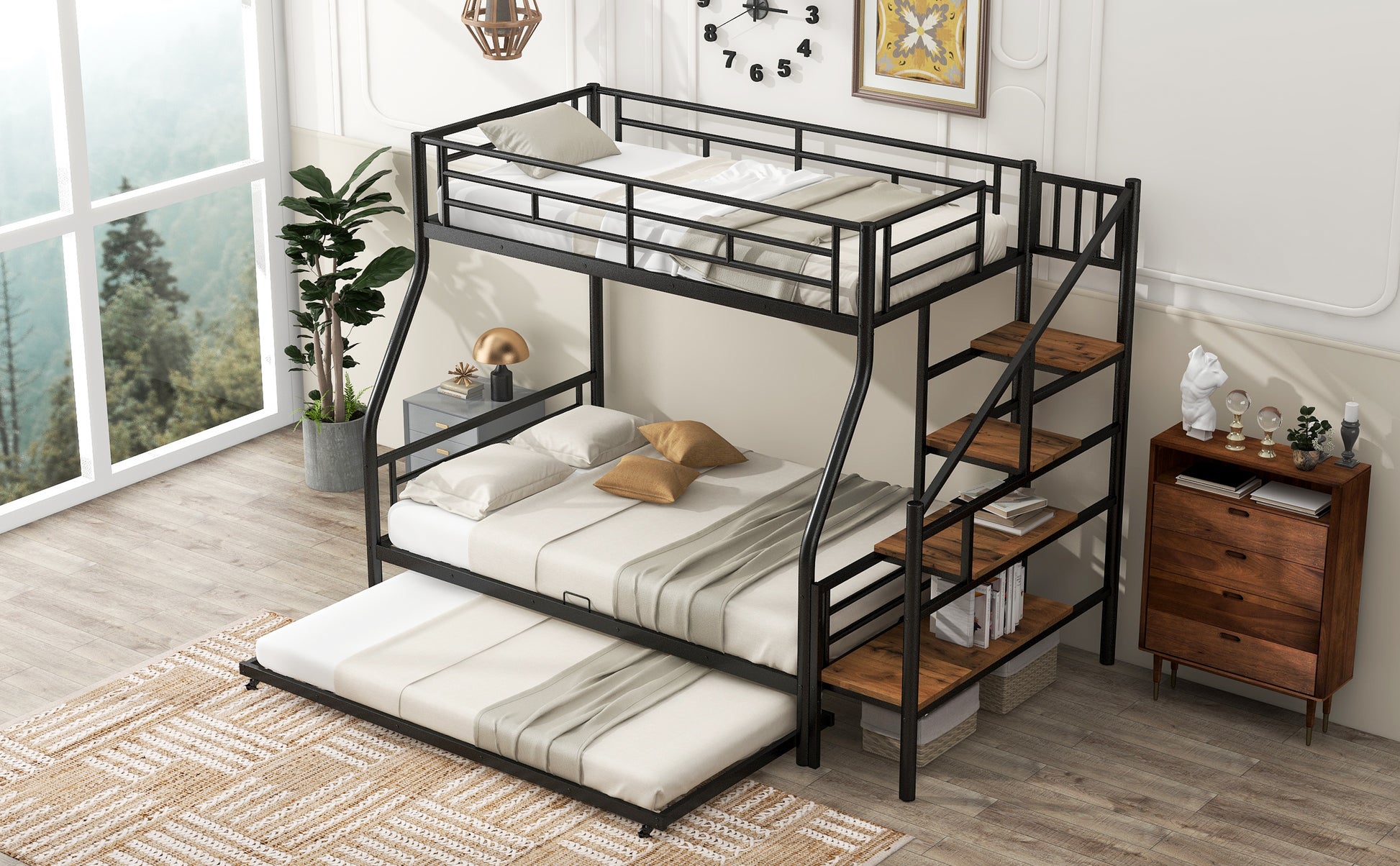 Black metal triple bunk bed with wooden steps and a pullout trundle