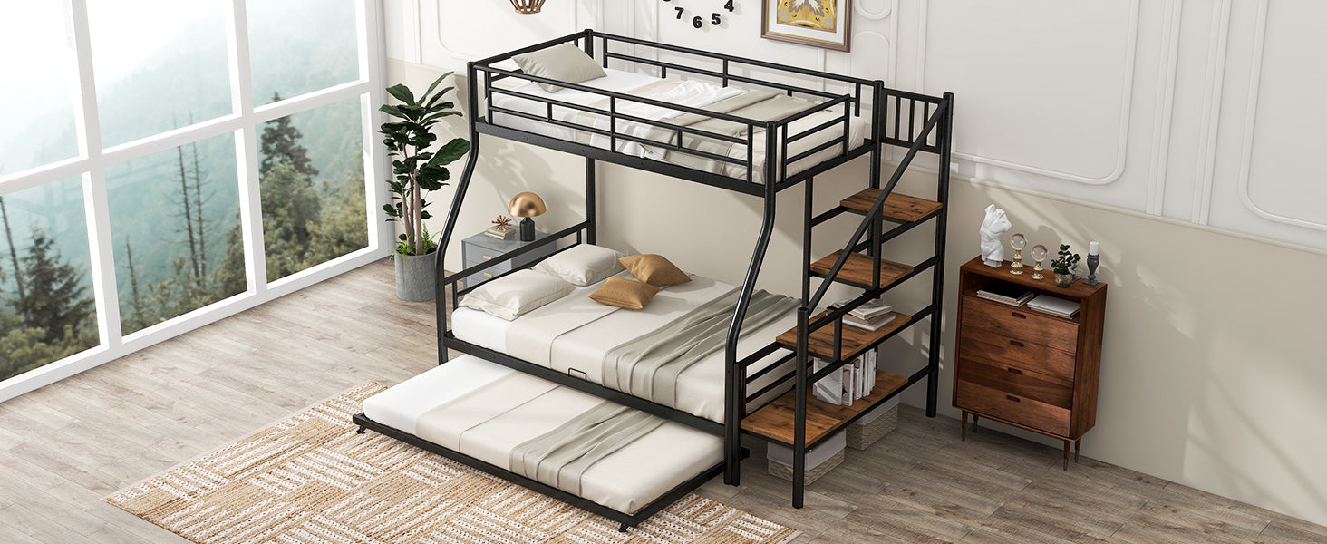 Black metal triple bunk bed with stairs and pullout trundle for kids