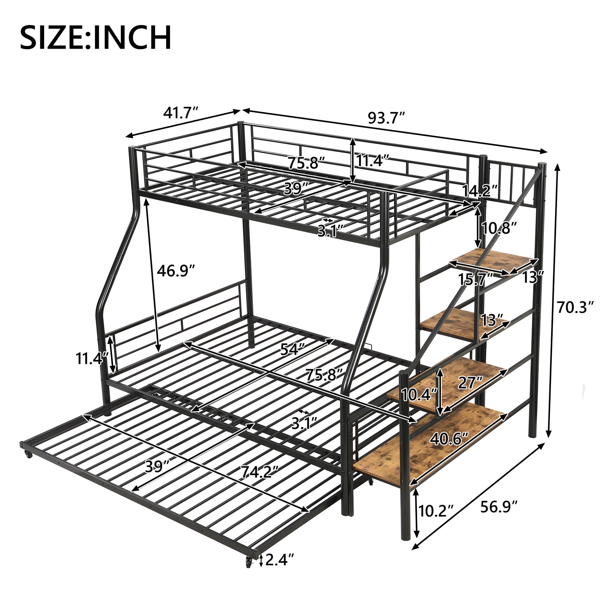 Black metal triple bunk bed with trundle and stairs