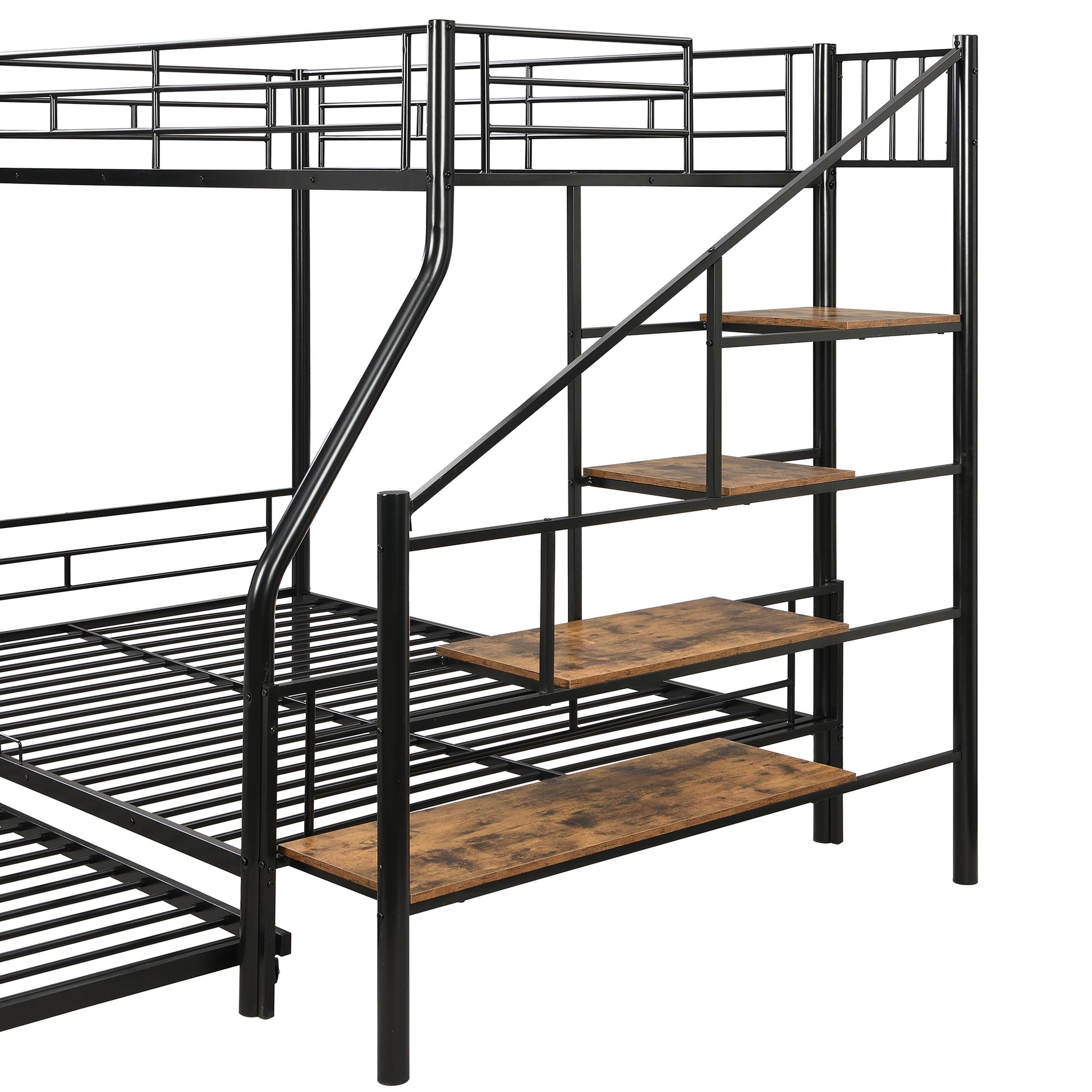 Black metal triple bunk bed with integrated stairs and woodfinish steps