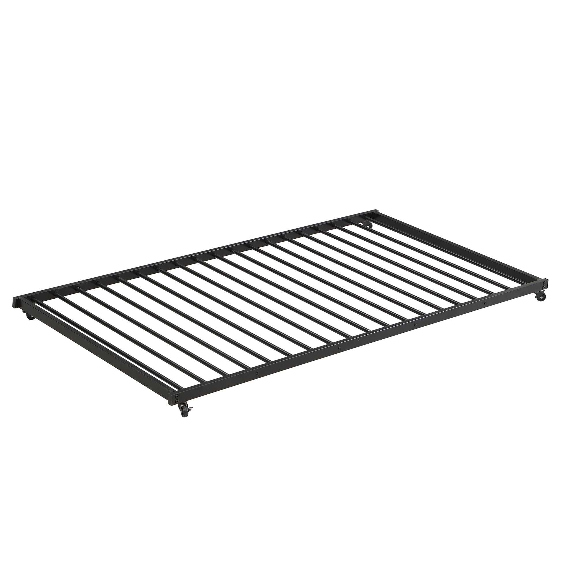 Black metal bed frame with wheeled legs