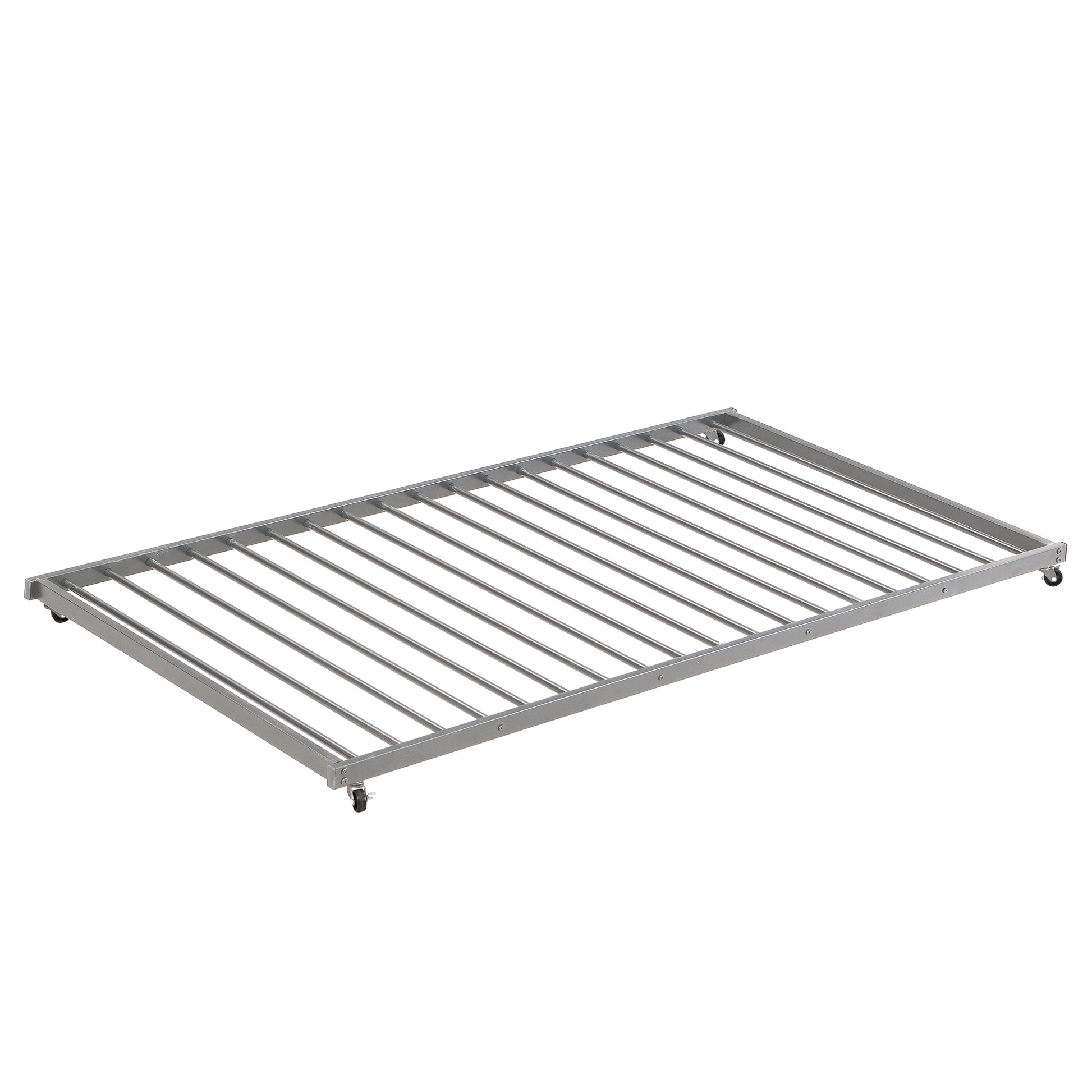 Silver metal bed frame with slats and casters