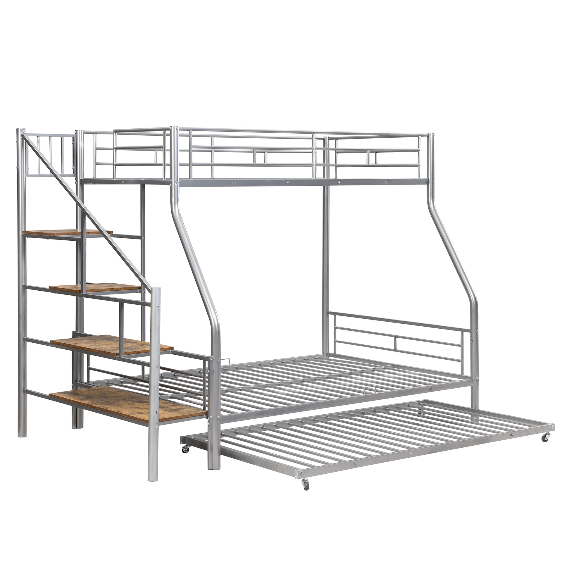 Silver metal triple bunk bed with stairs and trundle