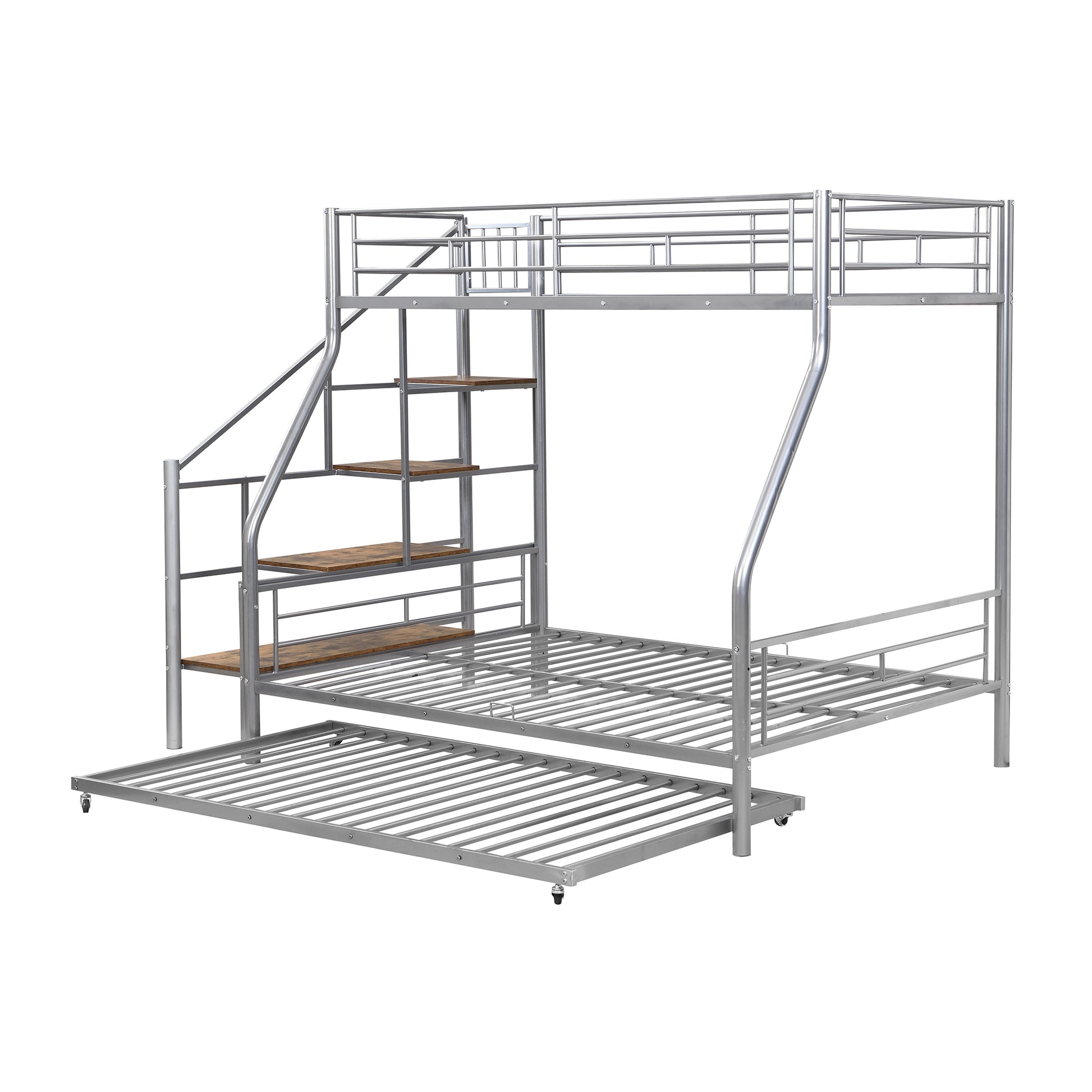 Silver metal triple bunk bed with builtin stairs and trundle