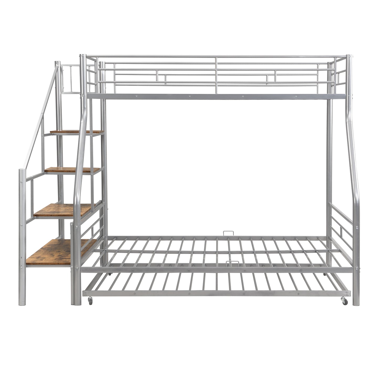 Silver metal triple bunk bed with stairs and wood shelves