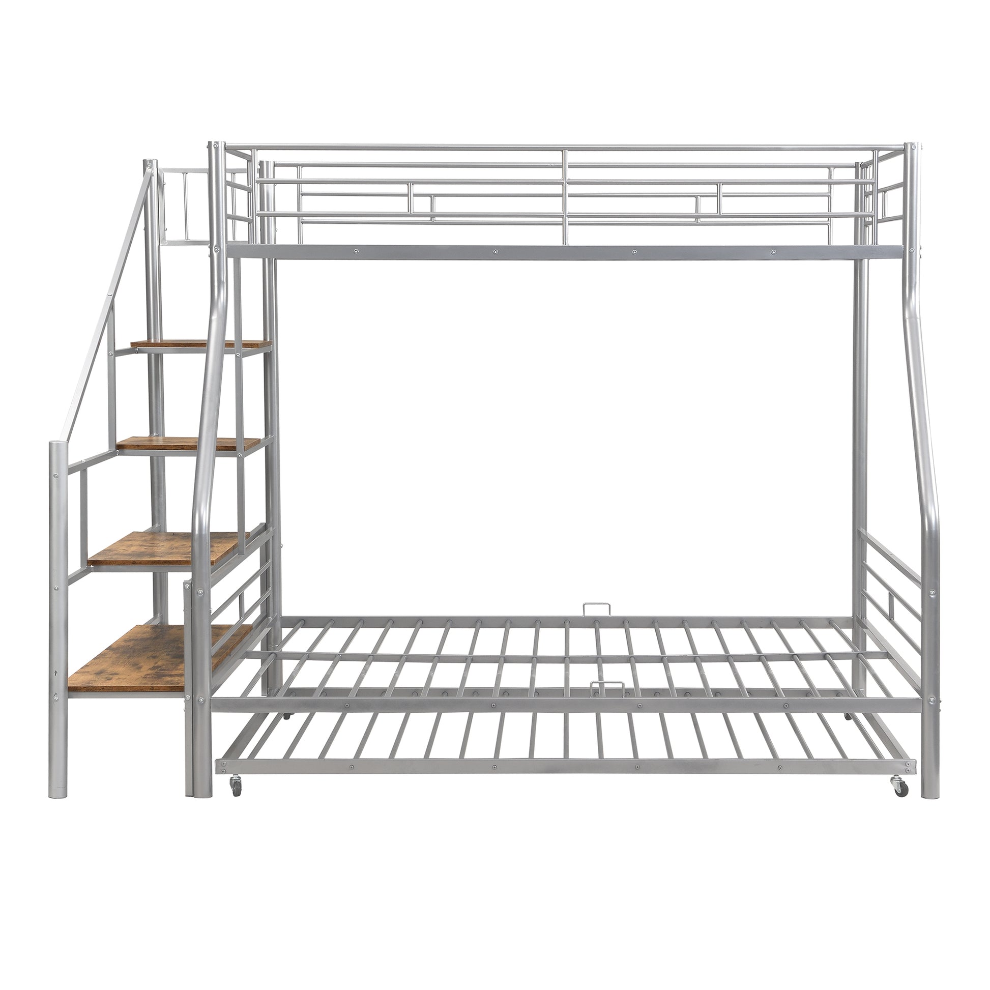 Silver metal triple bunk bed with stairs and wood shelves