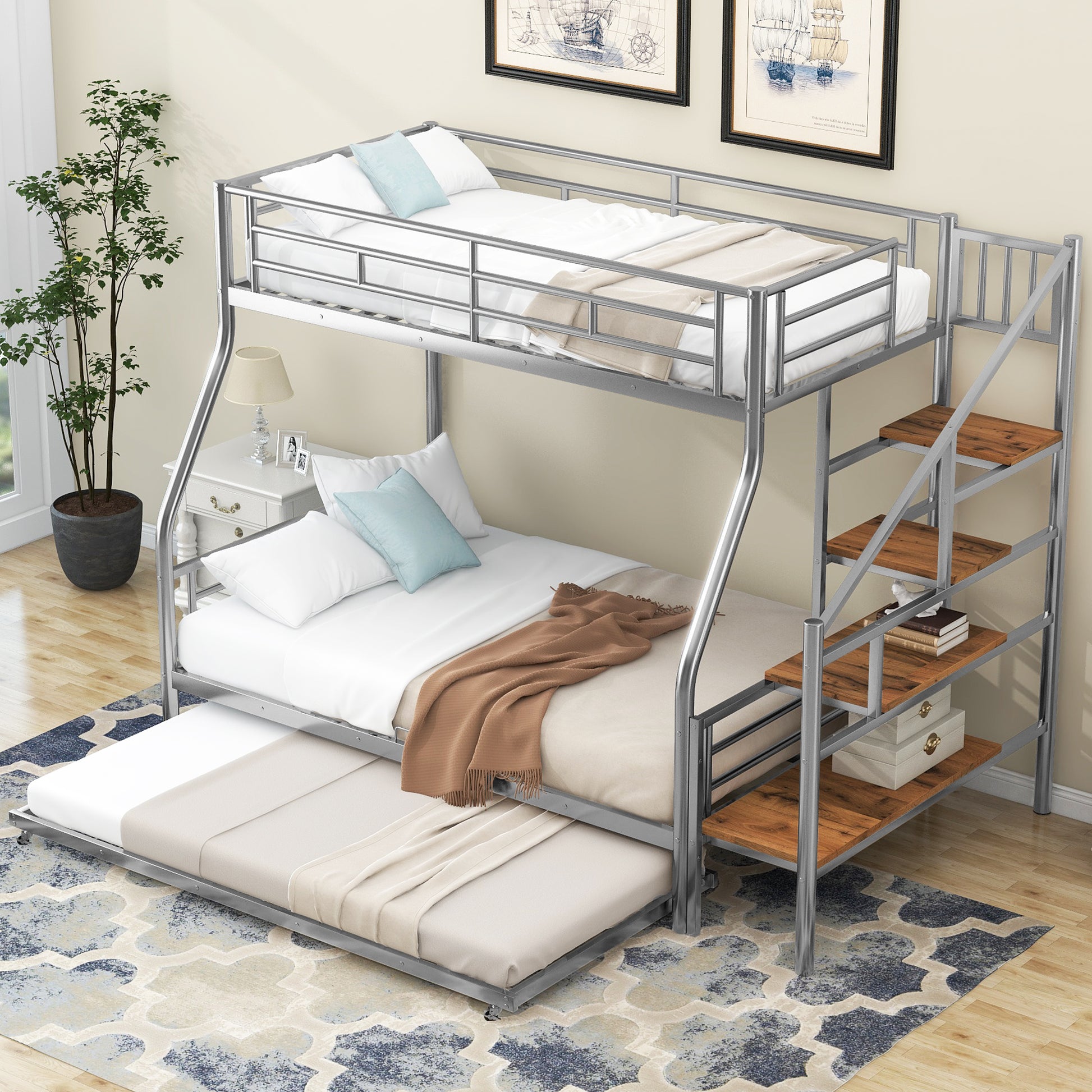 Silver metal triple bunk bed with stairs and pullout trundle