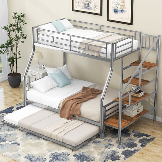 Silver metal triple bunk bed with stairs and pullout trundle