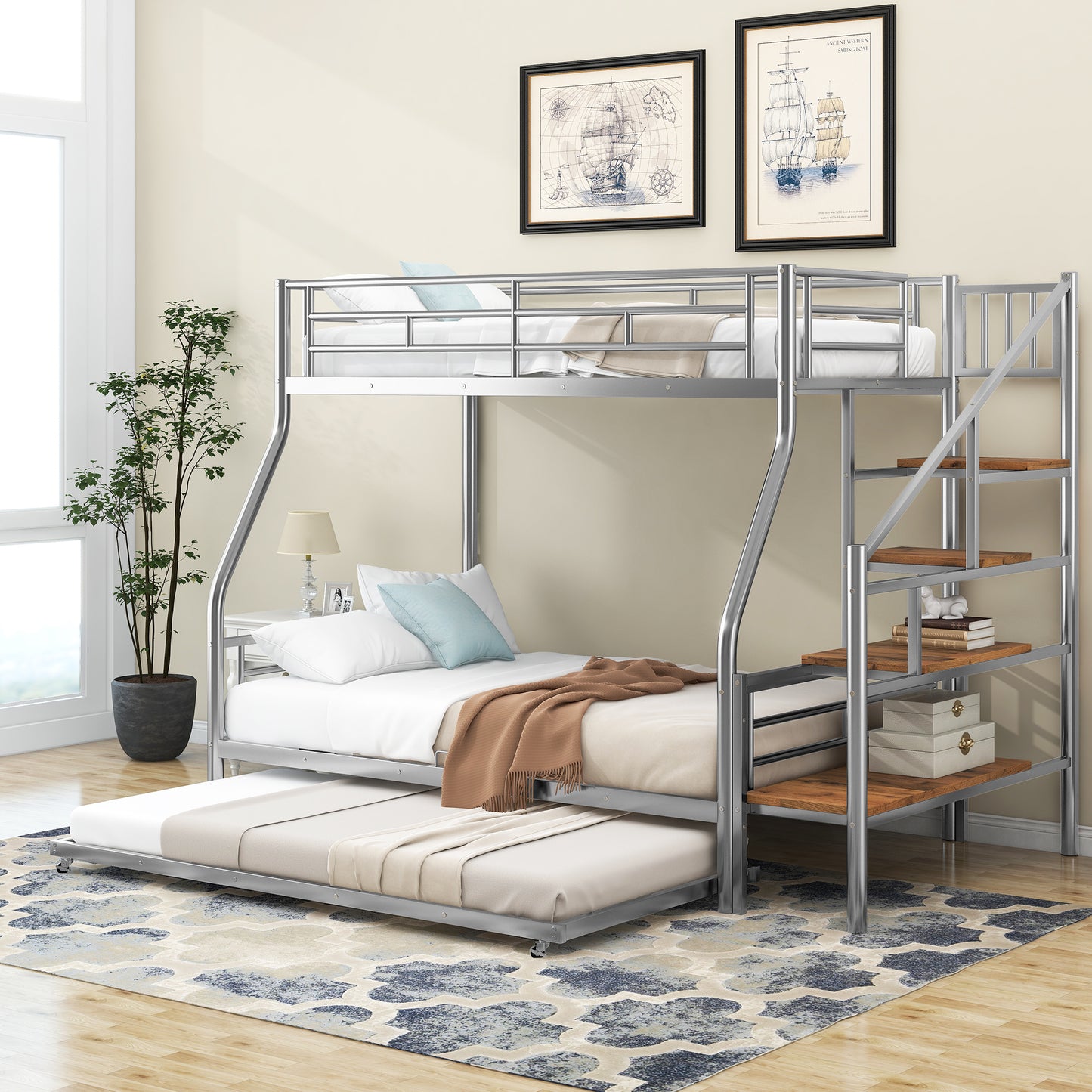 Silver metal triple bunk bed with stairs and pullout trundle