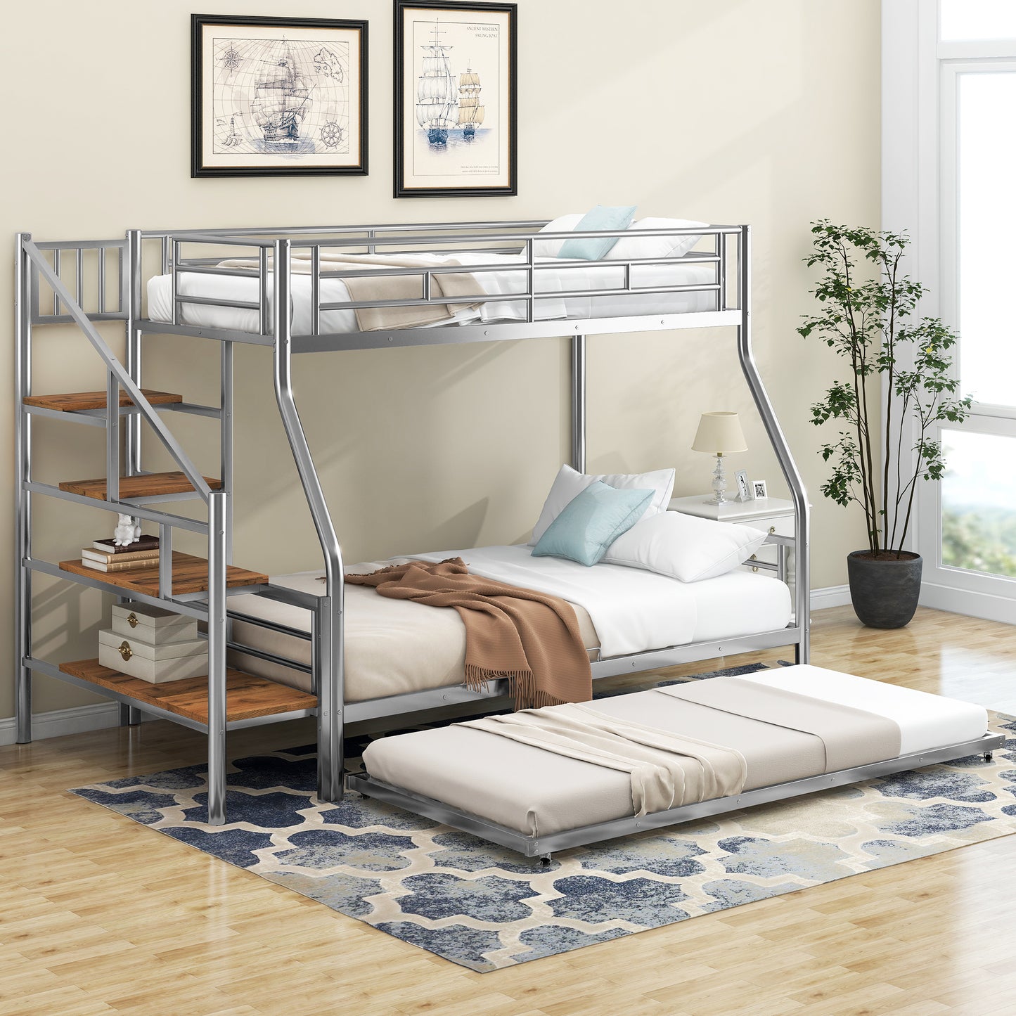 Silver metal triple bunk bed with stairs and pullout trundle
