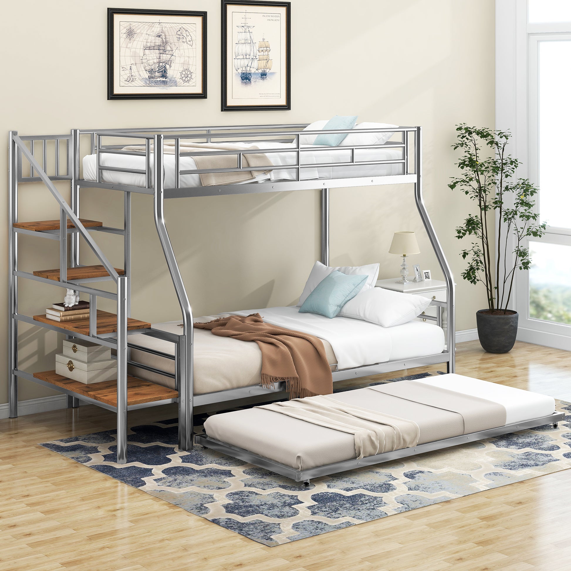 Silver metal triple bunk bed with stairs and pullout trundle