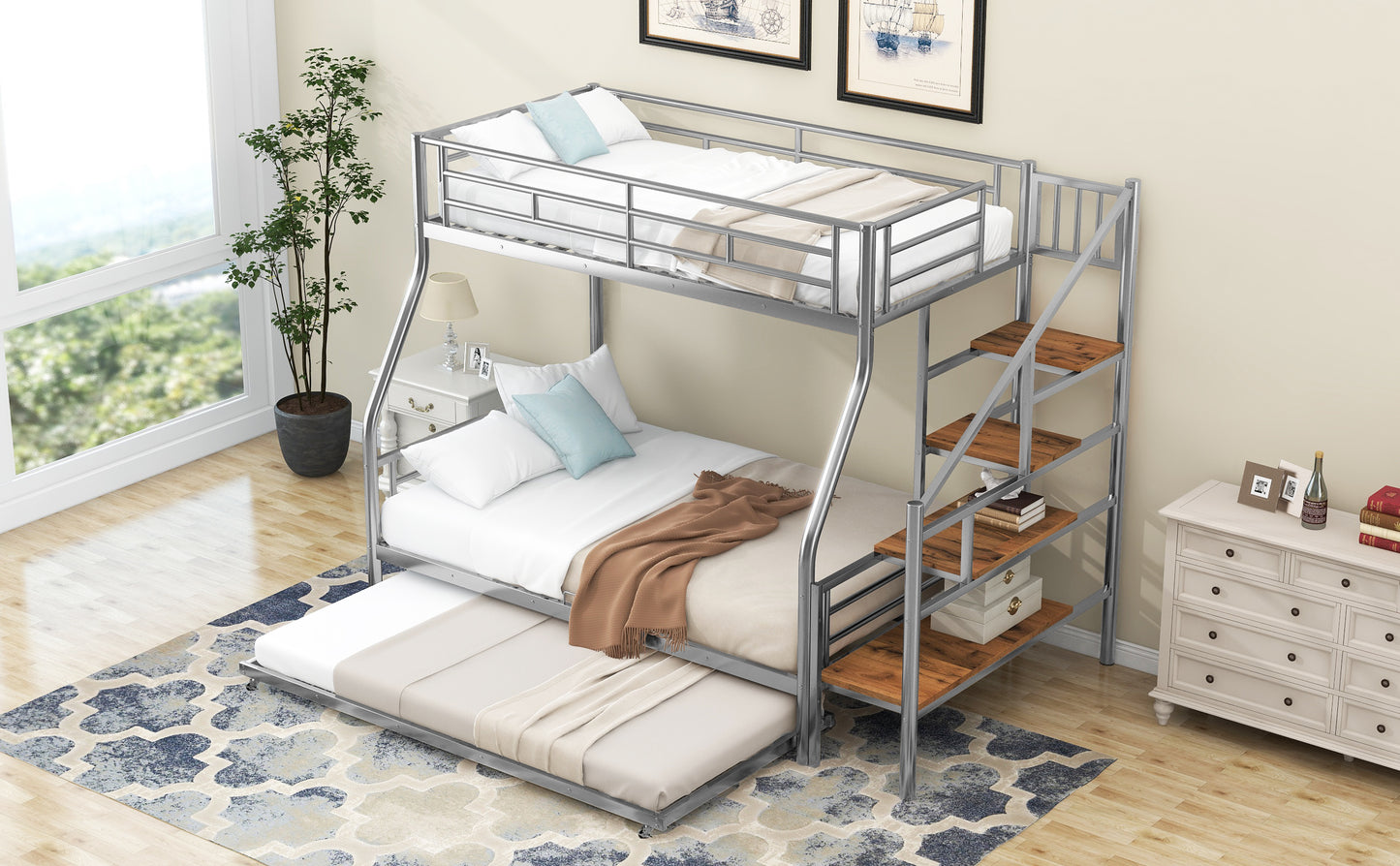 Silver metal triple bunk bed with stairs and pullout trundle