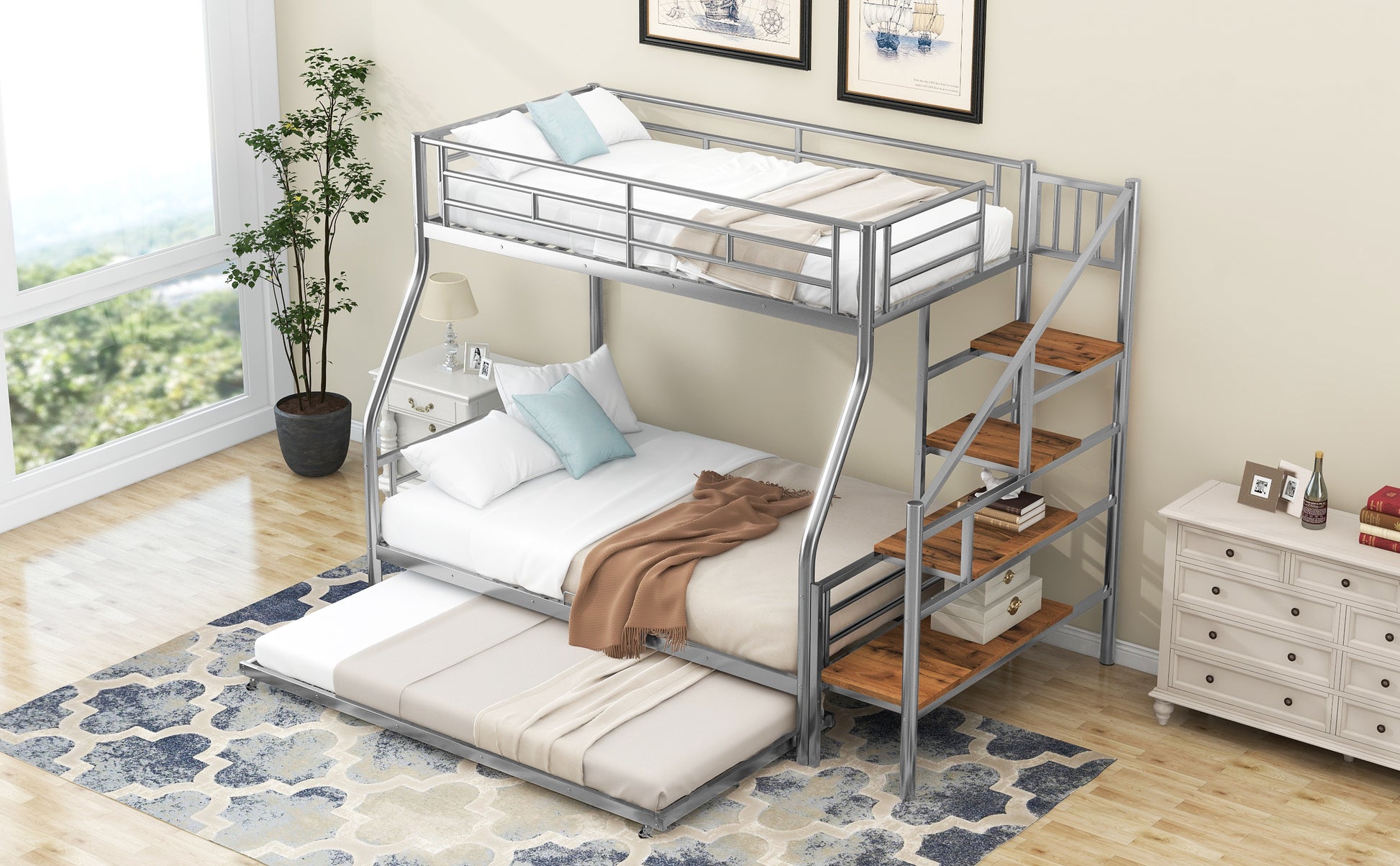Silver metal triple bunk bed with stairs and pullout trundle