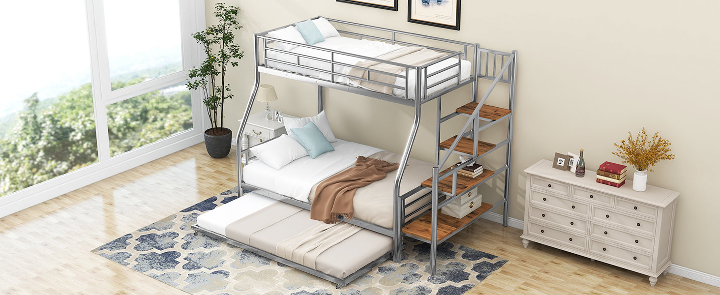 Silver metal triple bunk bed with integrated storage stairs and pullout trundle bed