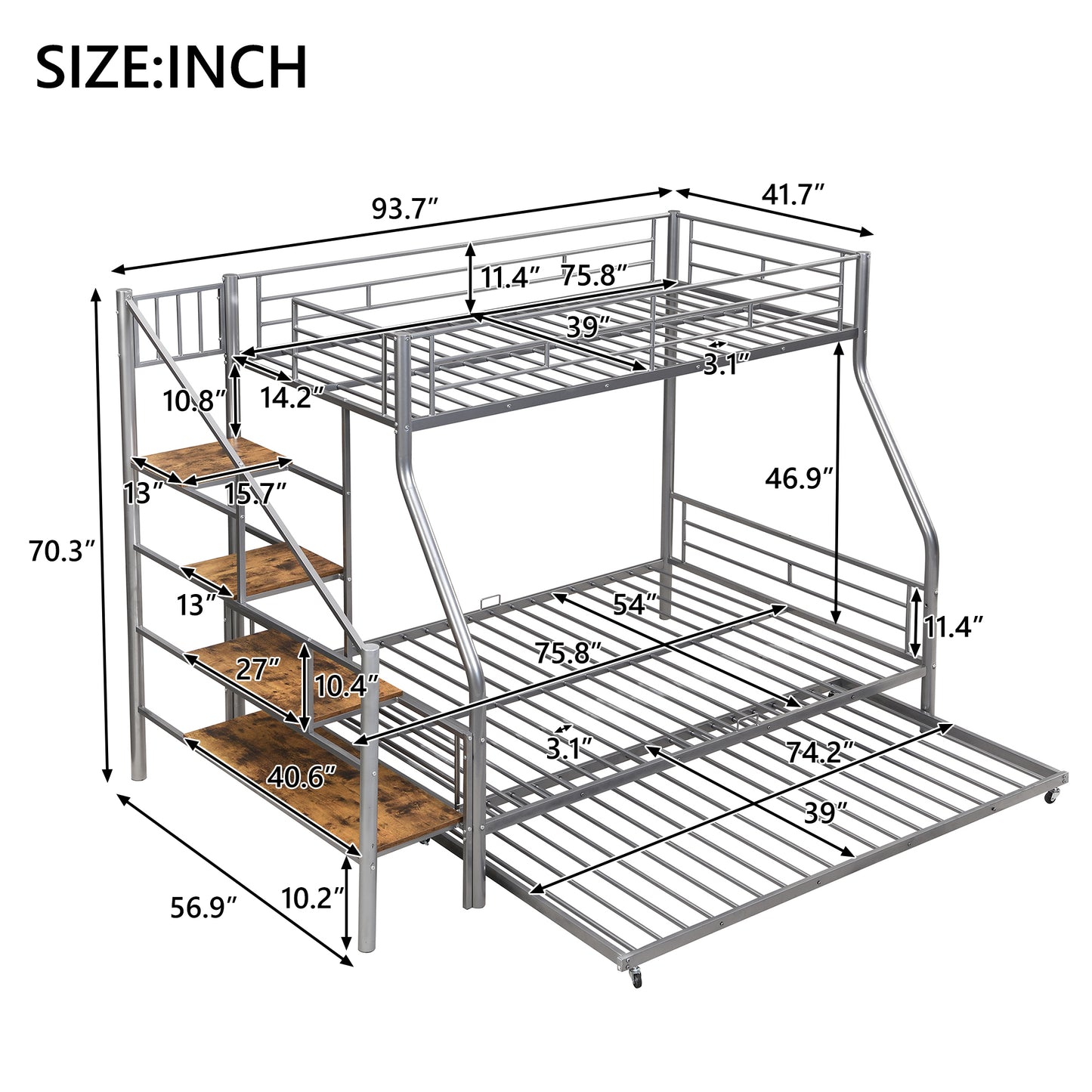 Silver metal triple bunk bed with stairs and shelving