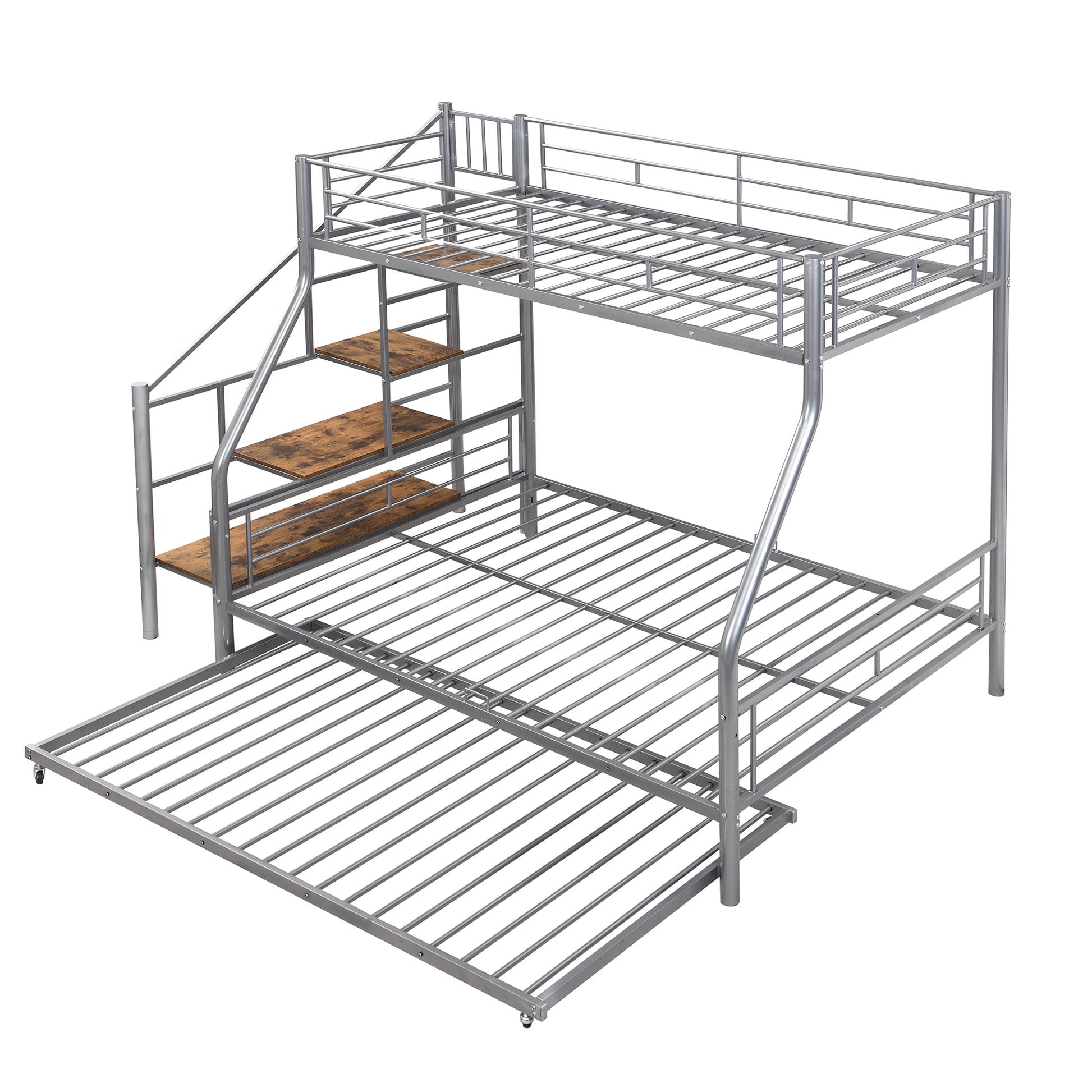 Silver metal triple bunk bed with woodgrain shelves and trundle