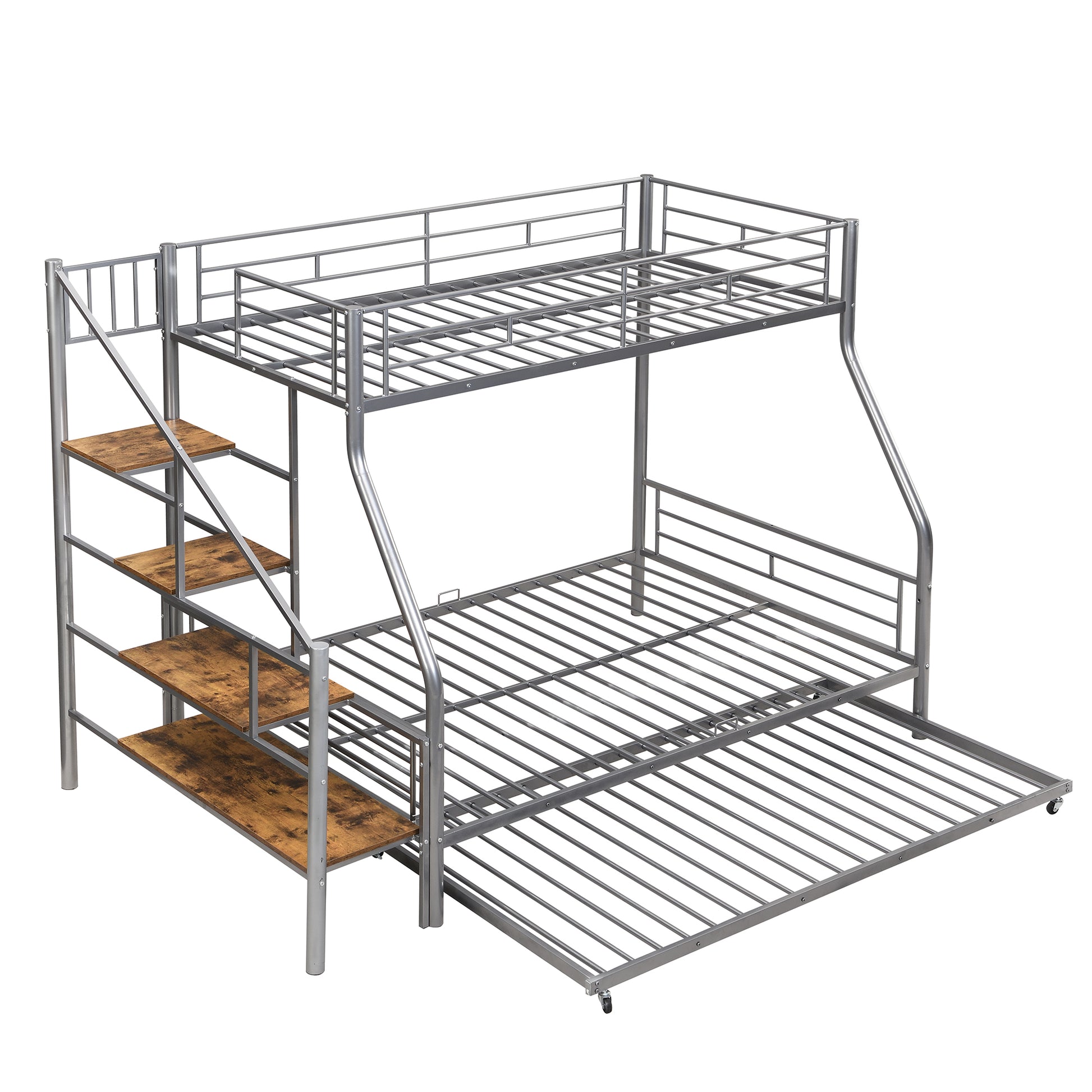 Silver metal triple bunk bed with woodlook shelves