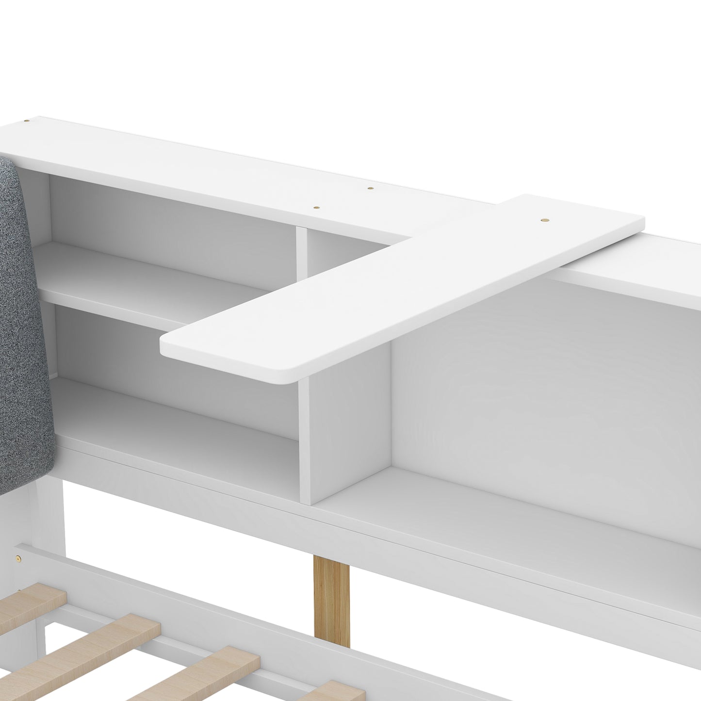 White wooden loft bed with builtin shelving and a grey upholstered headboard