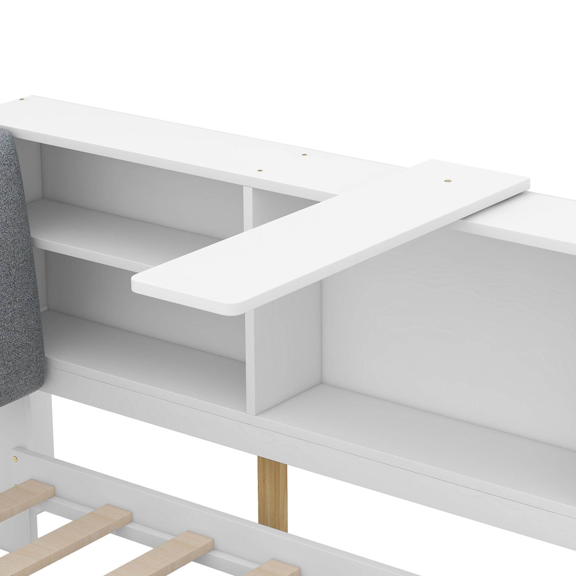 White wooden loft bed with builtin shelving and a grey upholstered headboard