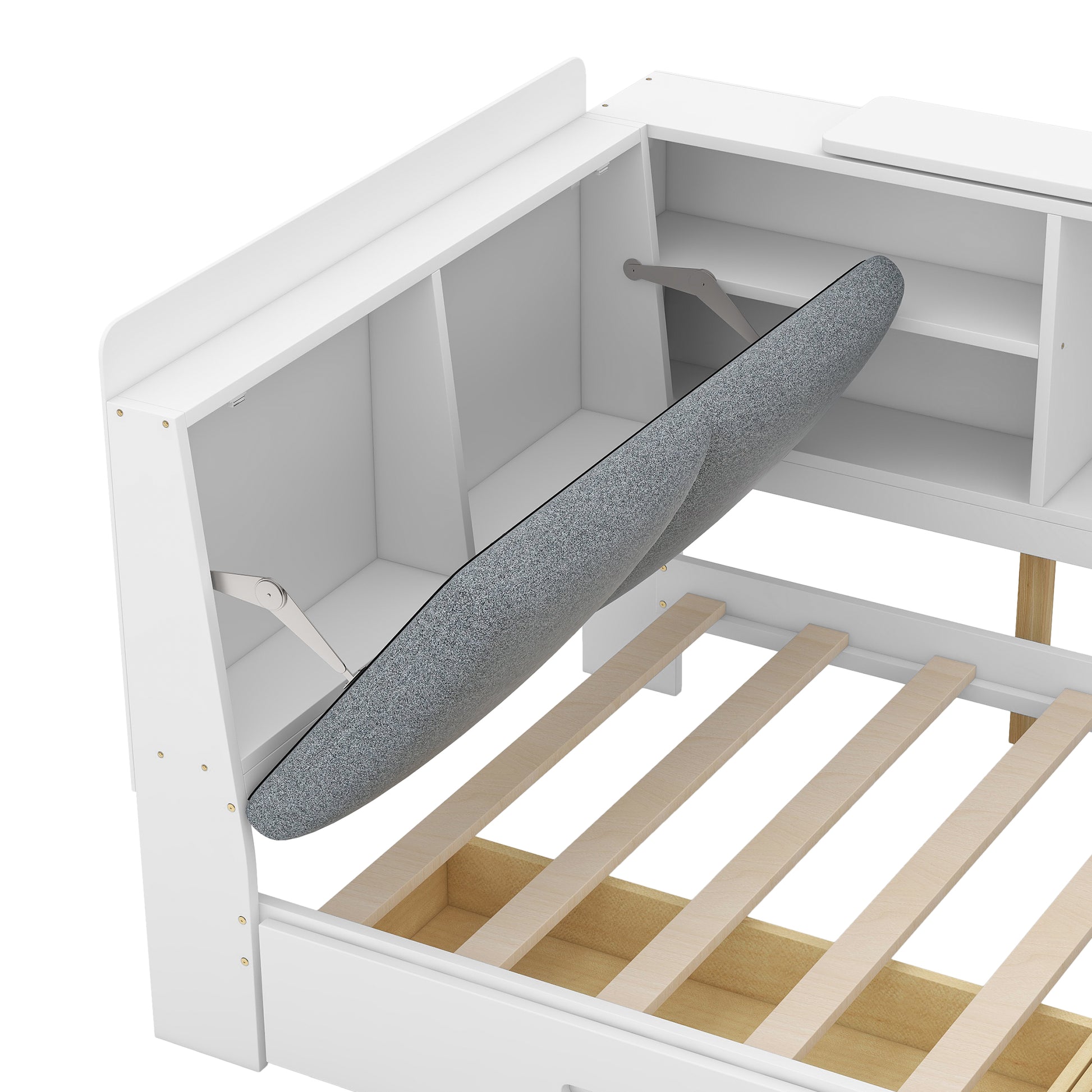 White wooden bunk bed frame with grey upholstered seat