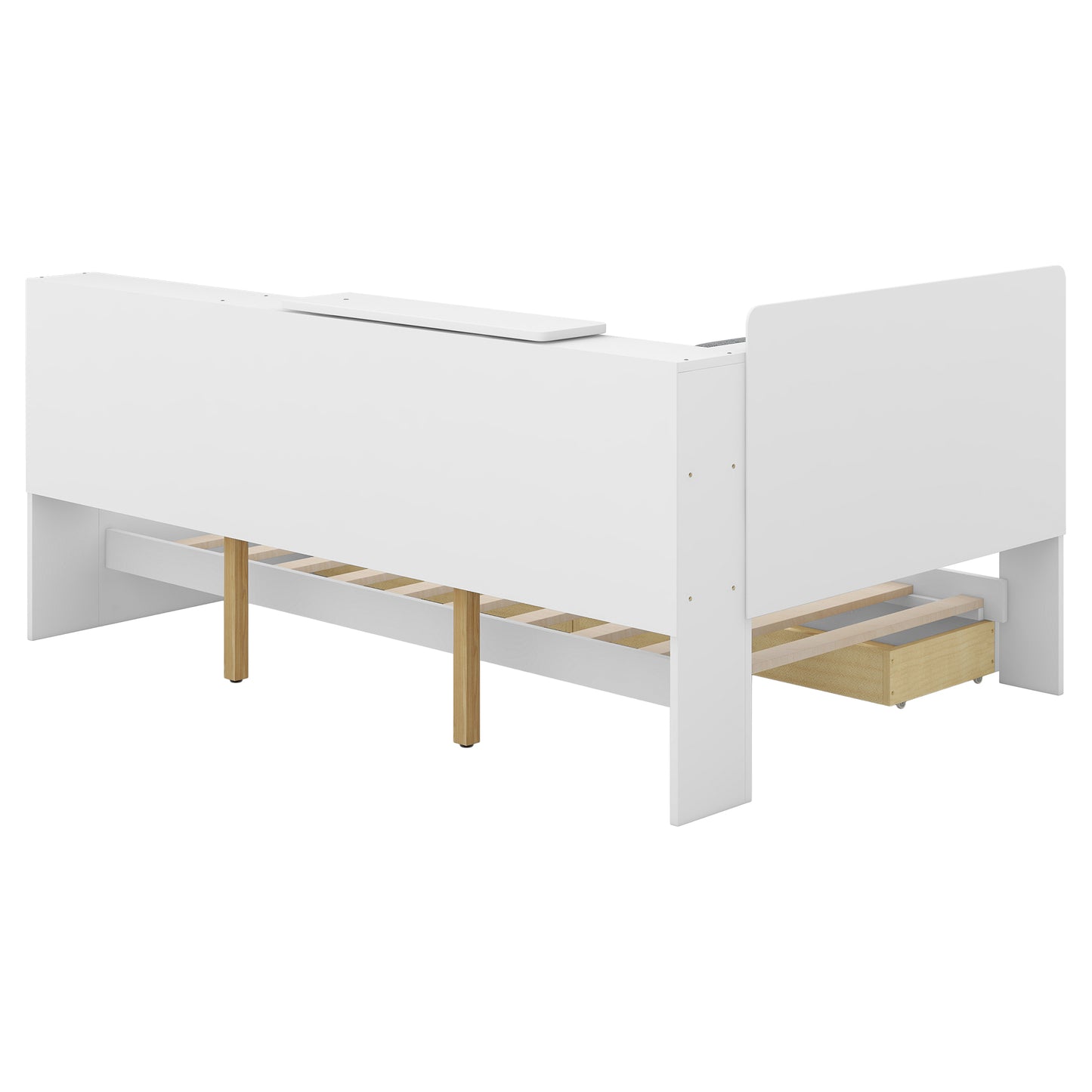 White wooden toddler bed frame with integrated storage drawer and slatted base