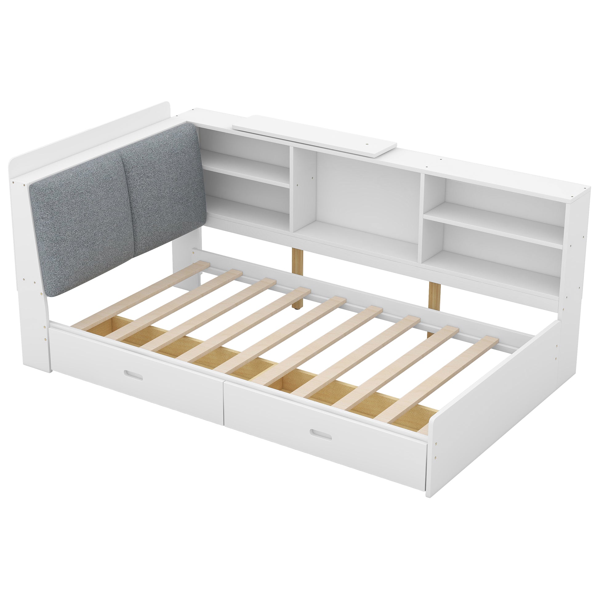 White twin daybed with grey upholstered headboard and builtin storage shelves