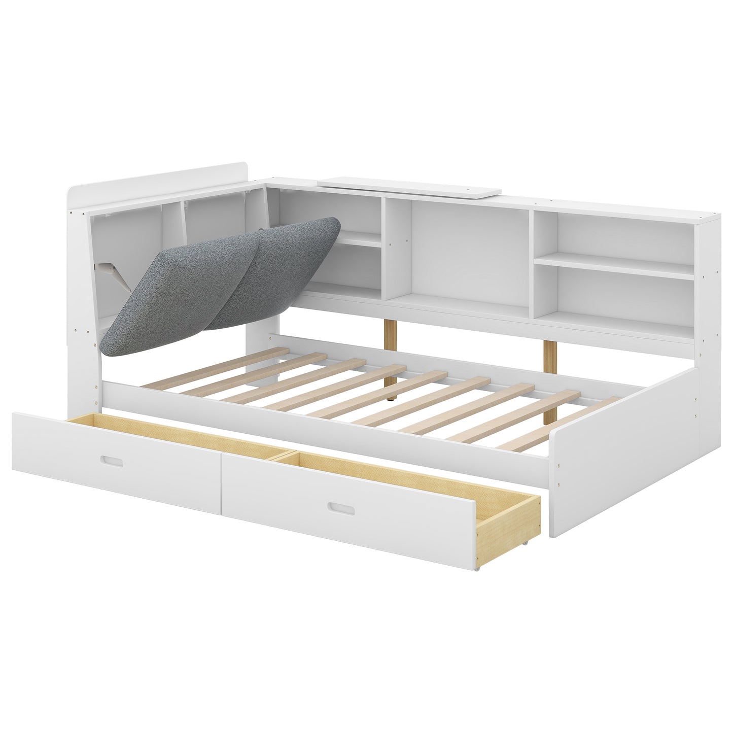 White twin daybed with integrated shelving and two pullout drawers