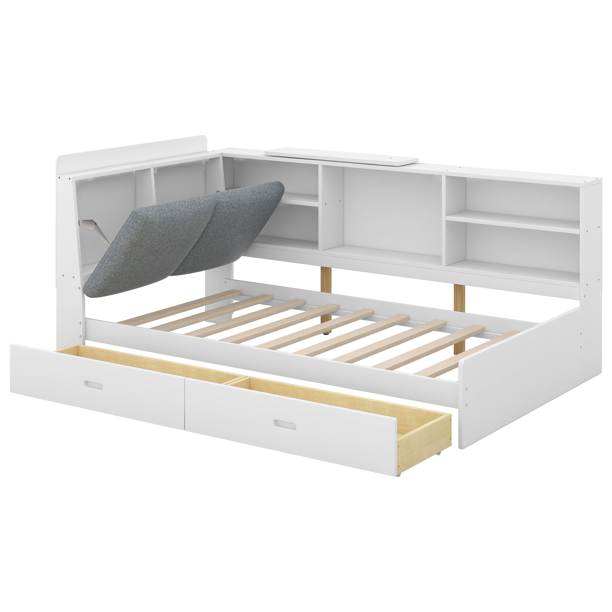 White twin daybed with integrated shelving and two pullout drawers
