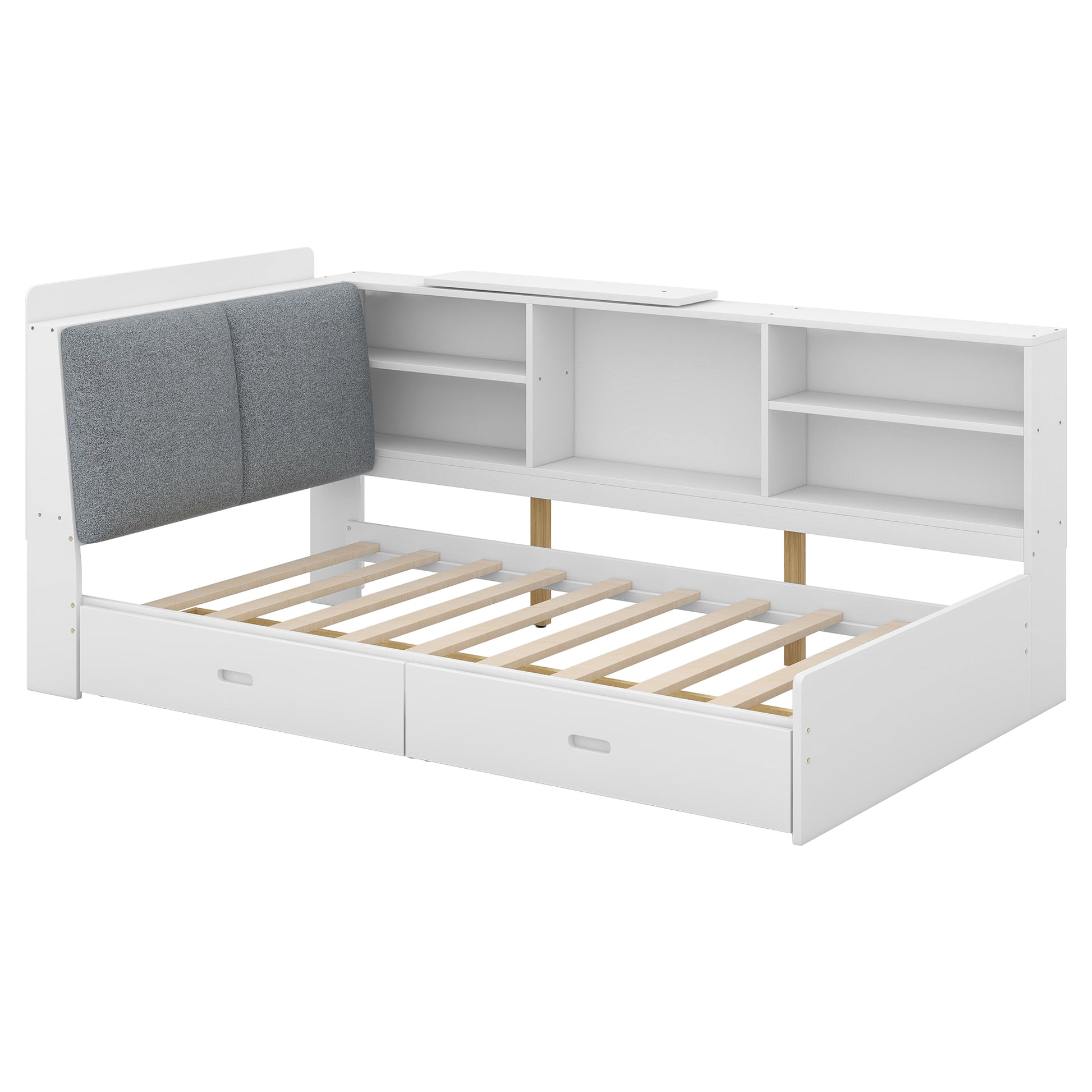 White wooden daybed with grey upholstered headboard and builtin shelving