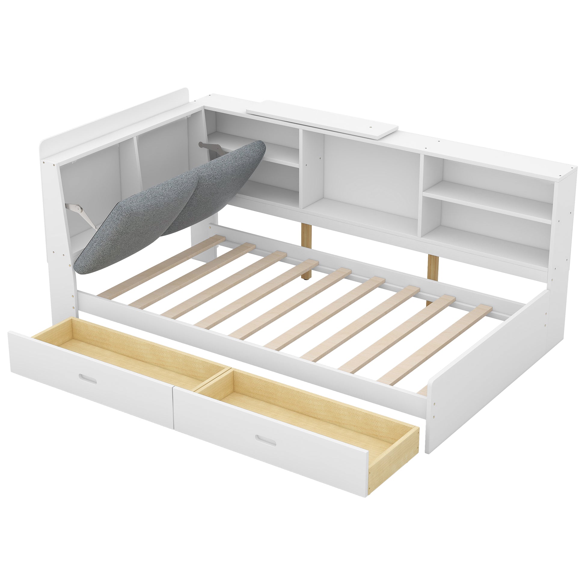 White twin daybed with integrated shelves and two storage drawers