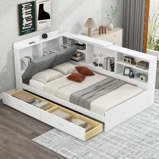 White modern platform bed with builtin bookshelf and drawers for storage