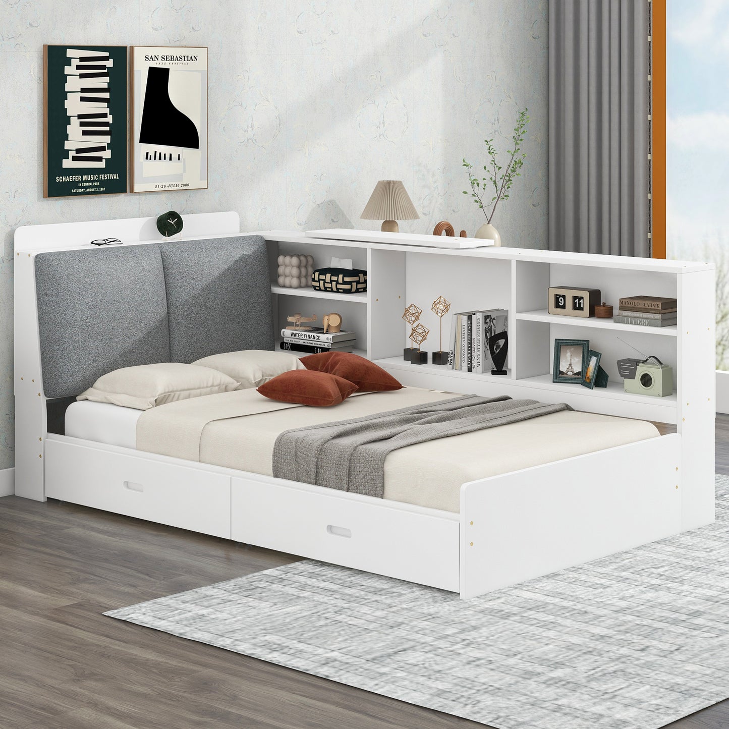 White twin bed with grey upholstered headboard and builtin bookshelf unit