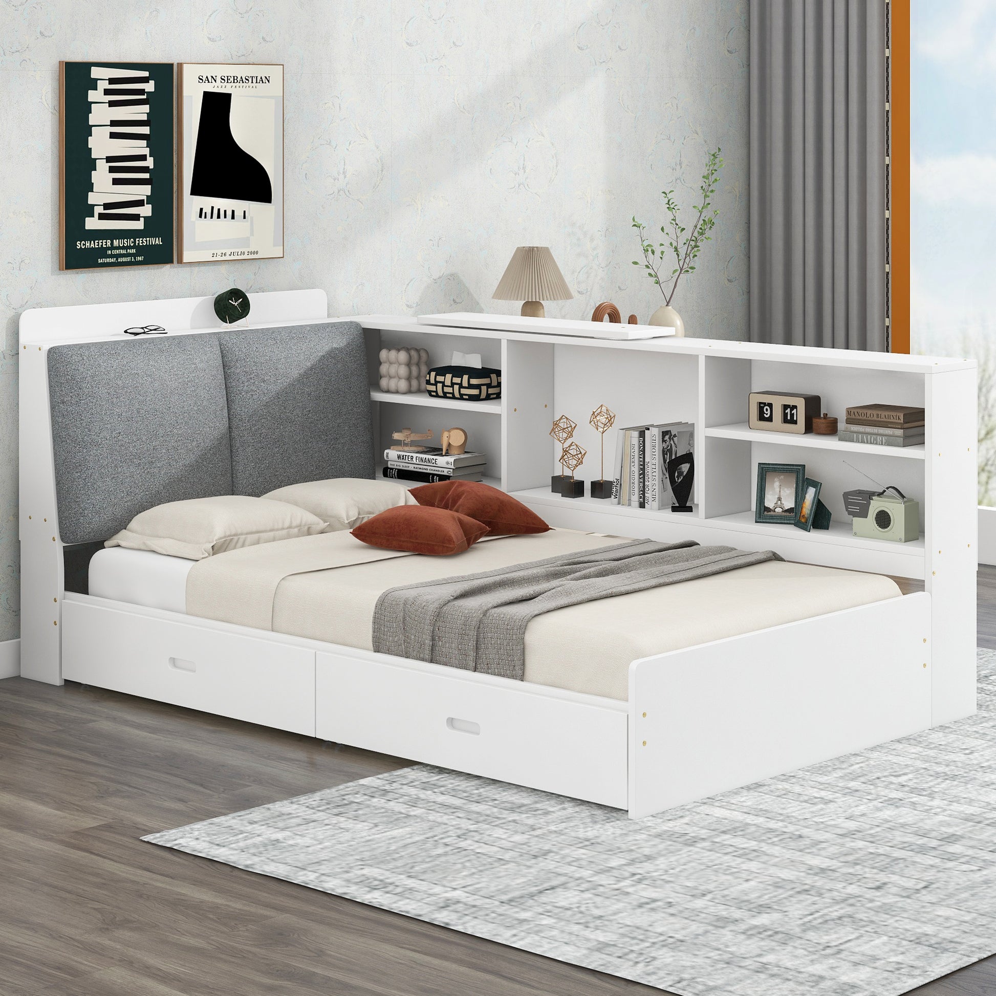 White twin bed with grey upholstered headboard and builtin bookshelf unit
