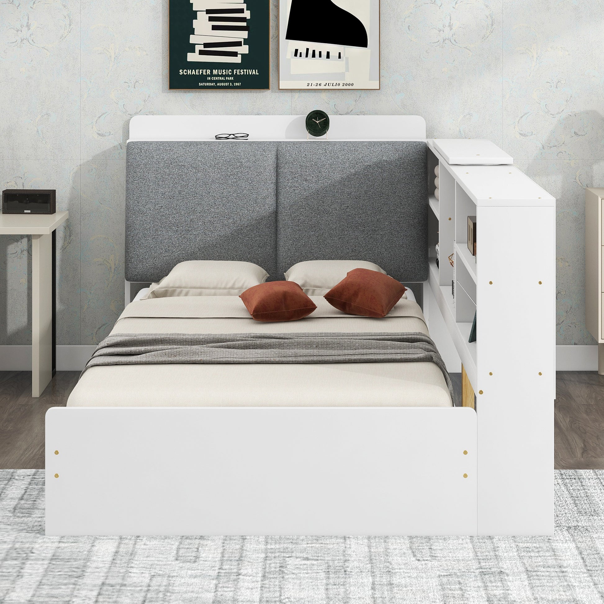White upholstered headboard bed frame with builtin storage bookshelf