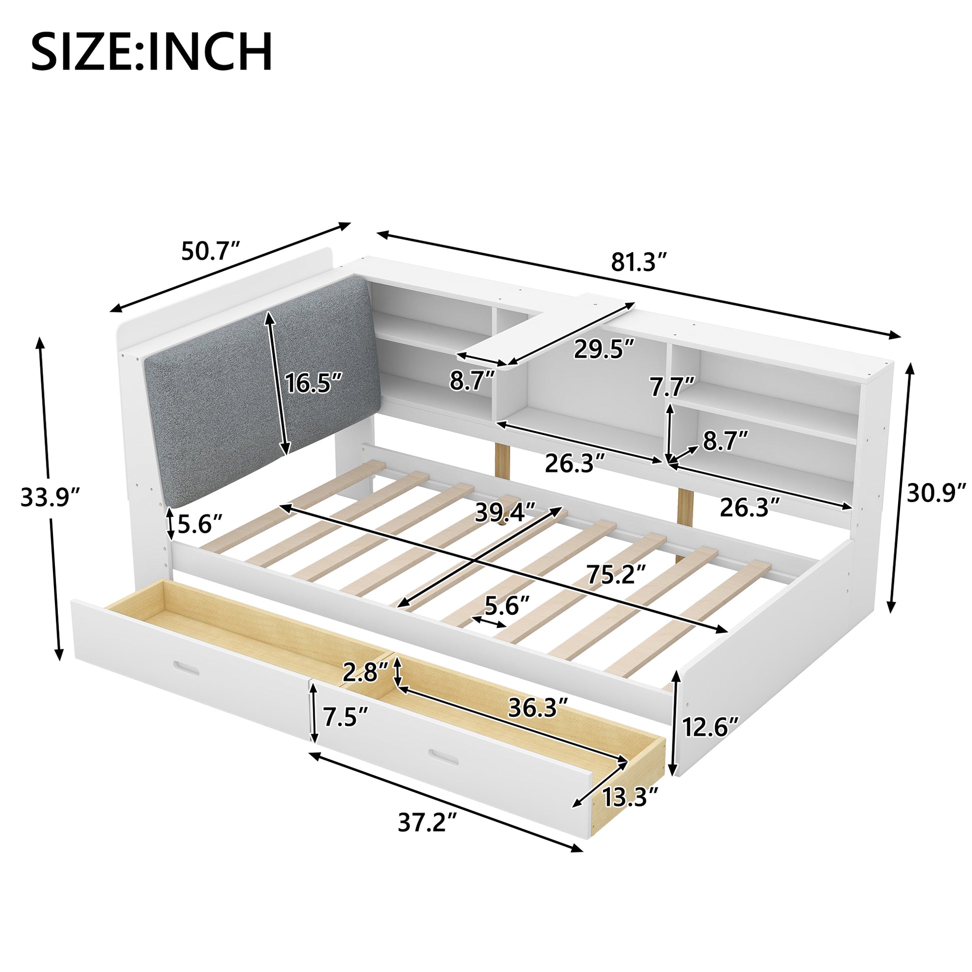 White twin bed frame with drawers and builtin bookshelf