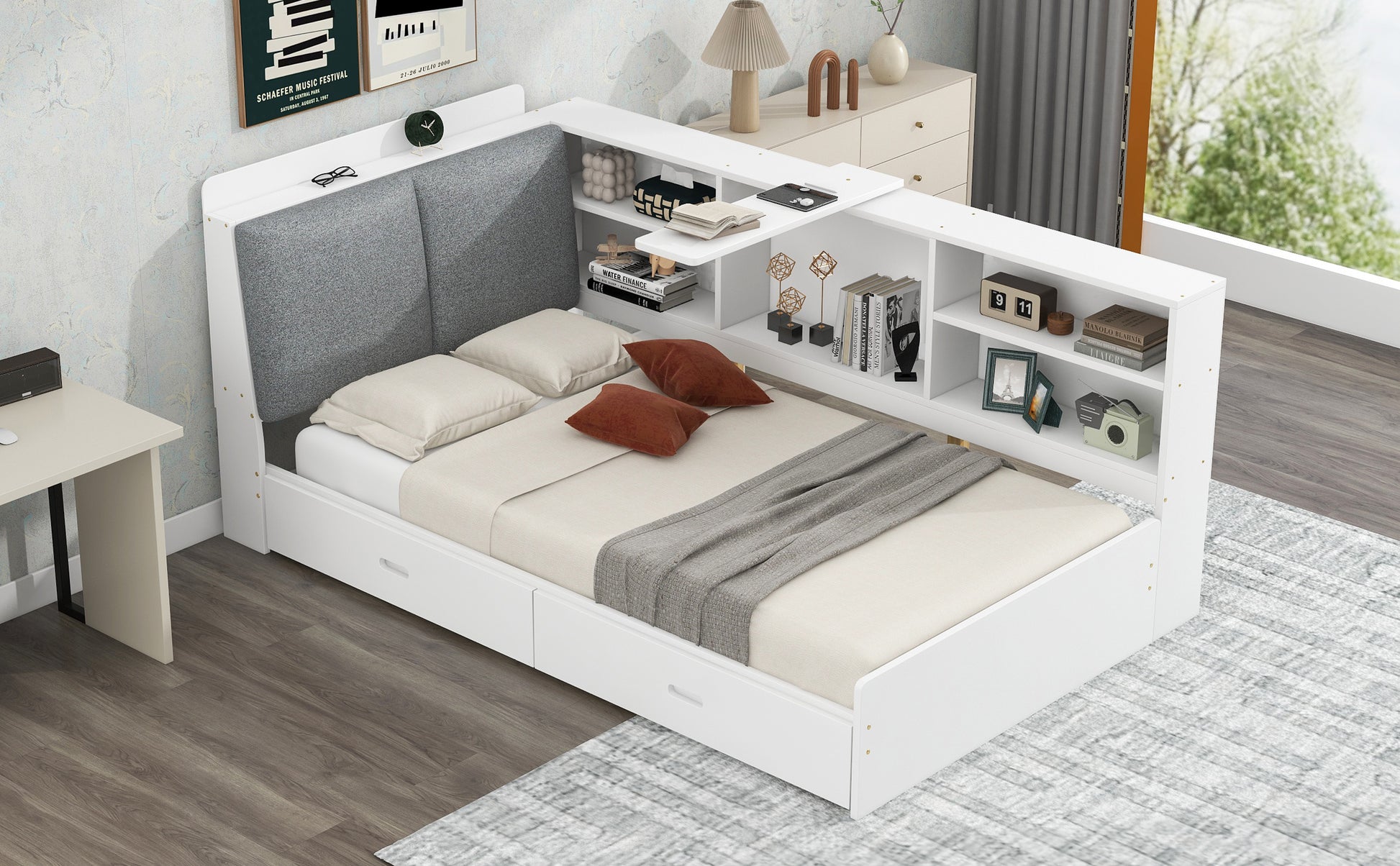 White twin bed with grey upholstered headboard and builtin shelving unit