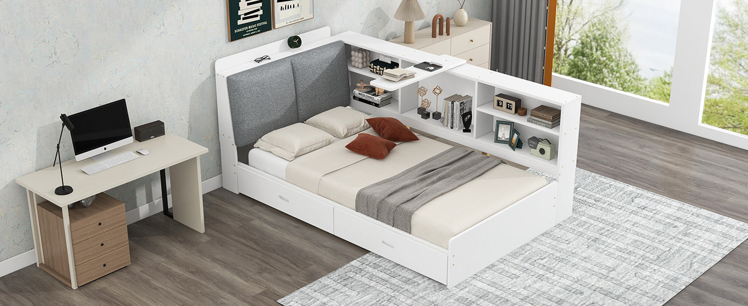 White twin bed with builtin bookshelf headboard