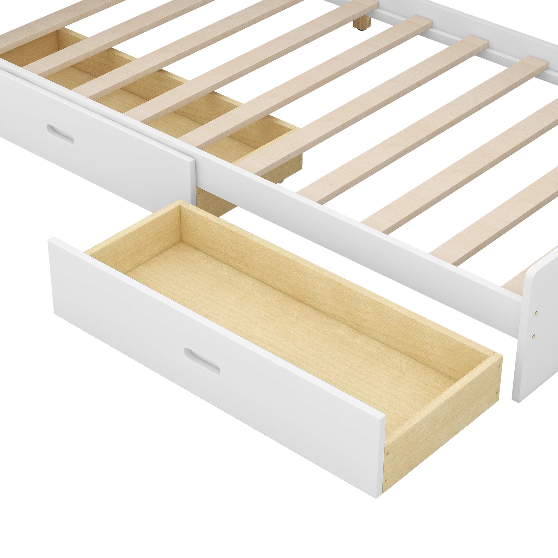 White wooden bed frame with integrated storage drawers and slat base