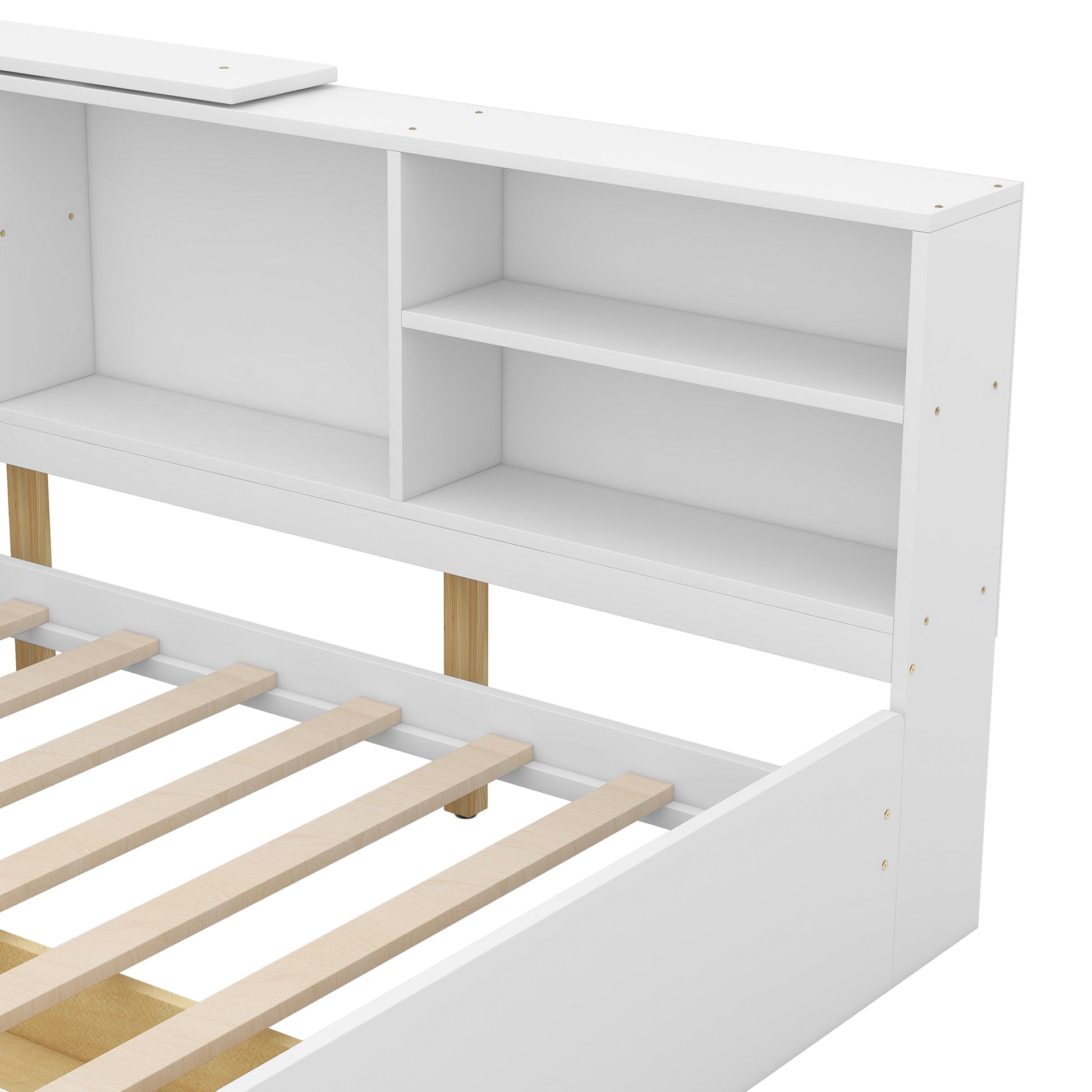 White modern bed frame with builtin shelving headboard and wooden slat support