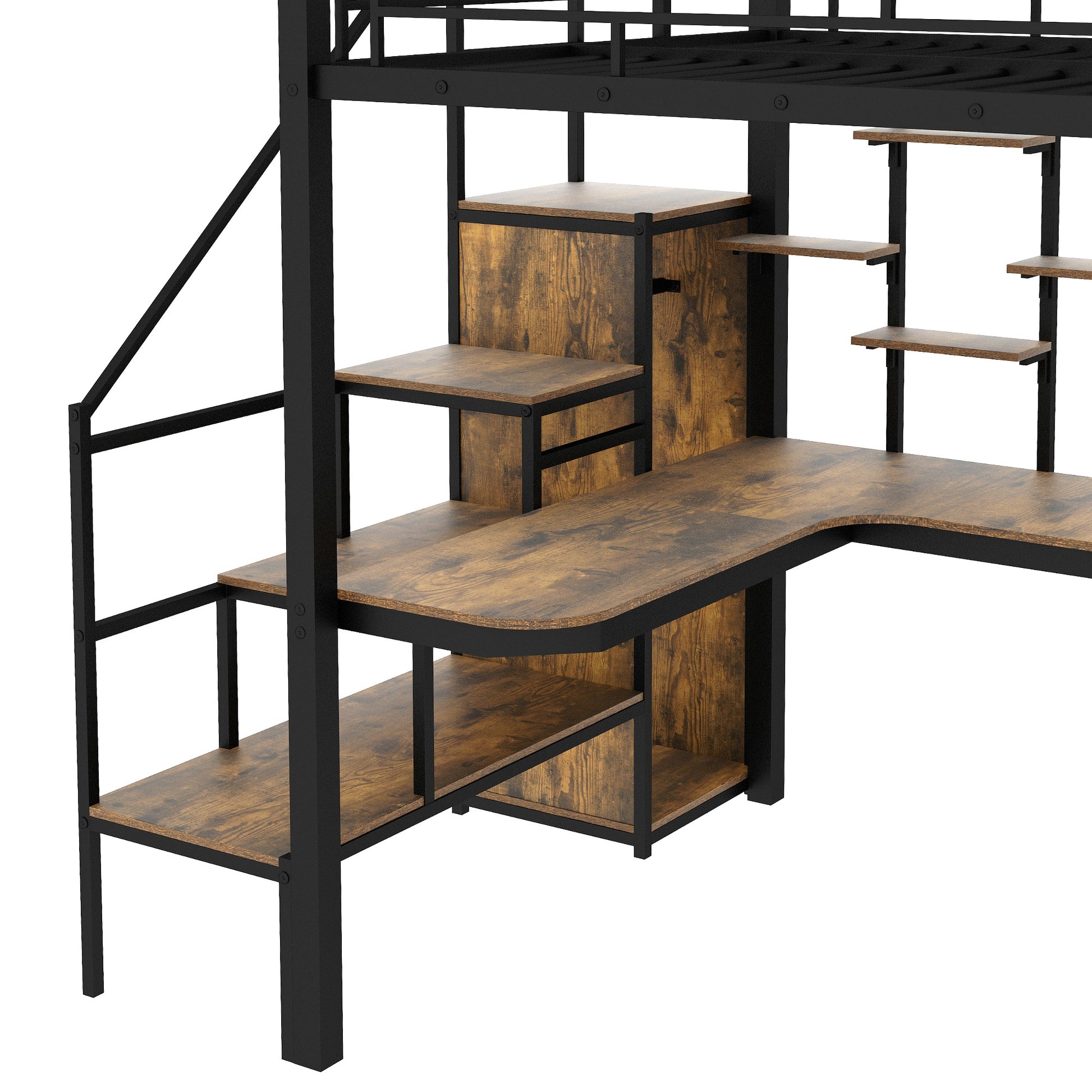 Black metal loft bed frame with integrated desk and staircase shelves