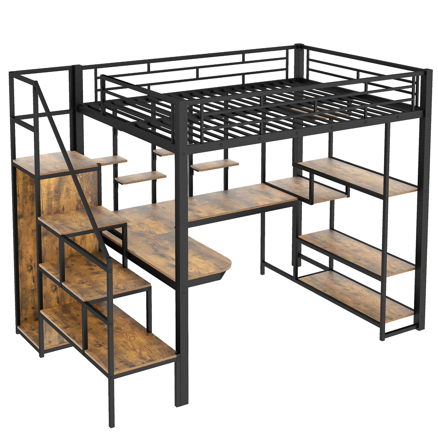 Black metal loft bed with wooden desk and shelves