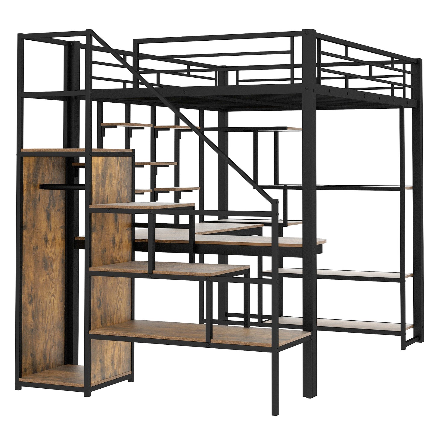 Black metal loft bed with integrated woodlook shelves and staircase