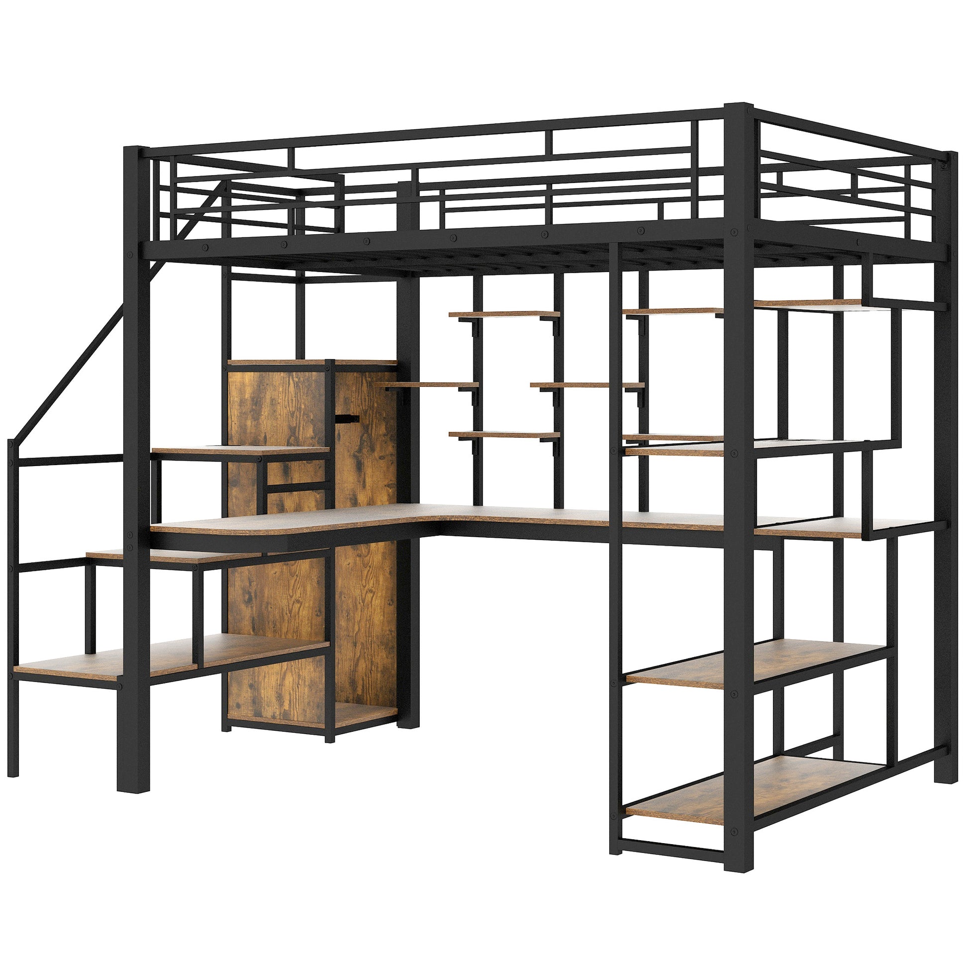 Black metal loft bed with wood shelves and desk
