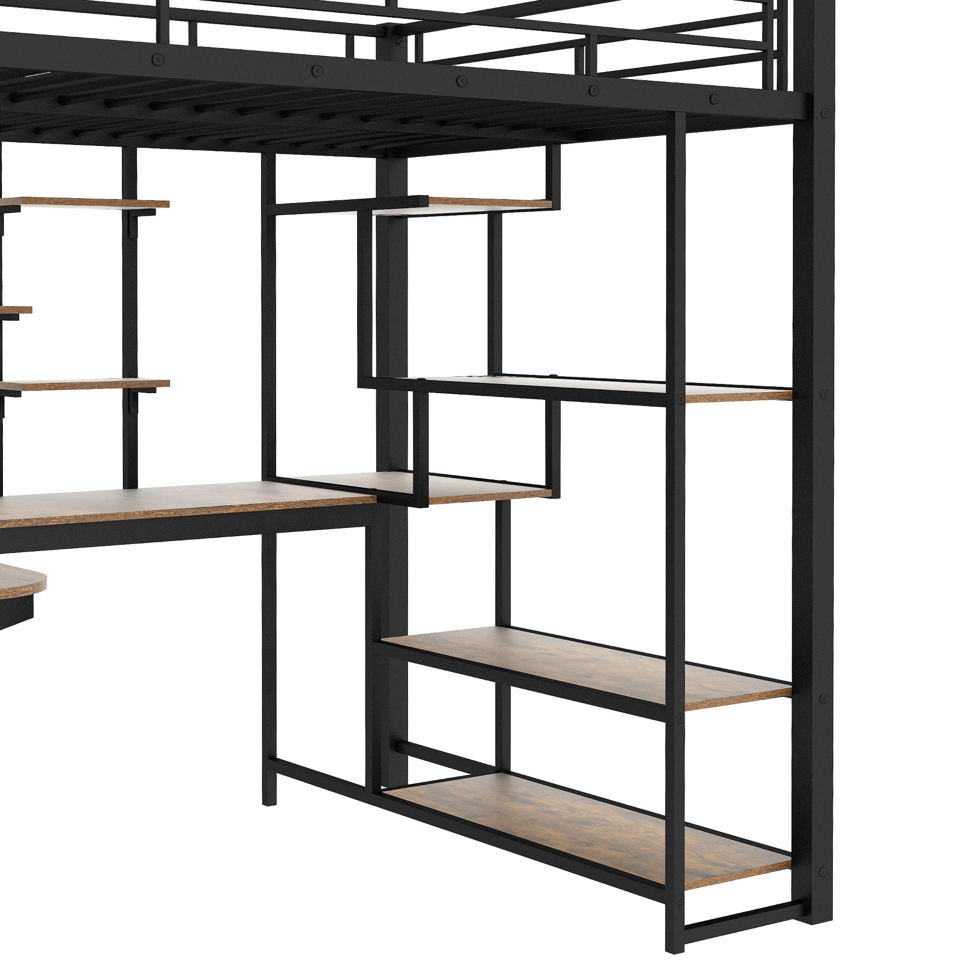 Black metal loft bed frame with wood shelves and integrated desk