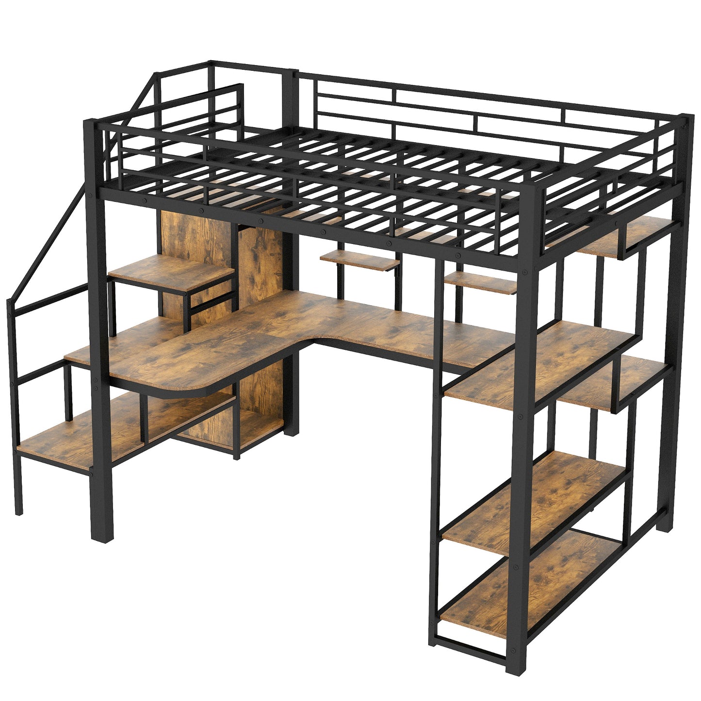 Black metal loft bed with wood grain desk and shelves