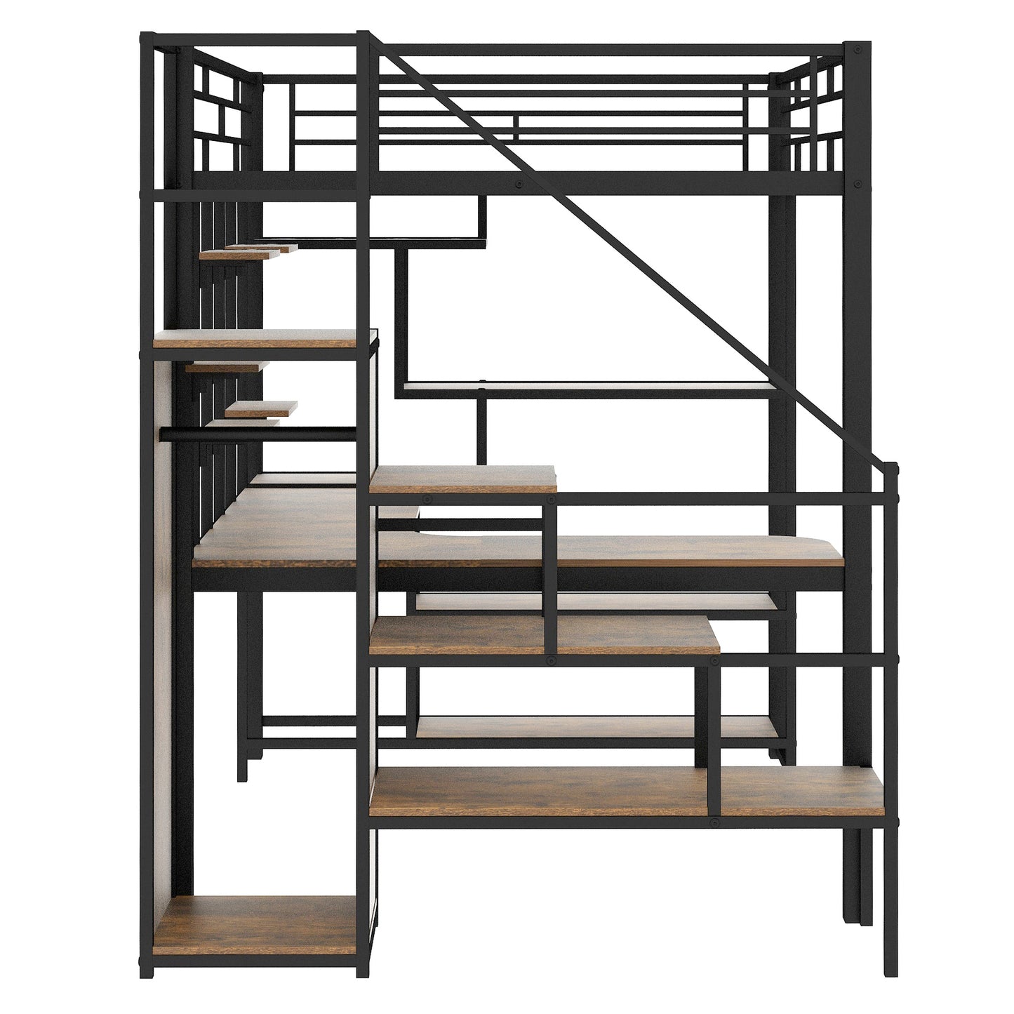 Black metal loft bed with wood grain desk and stairs